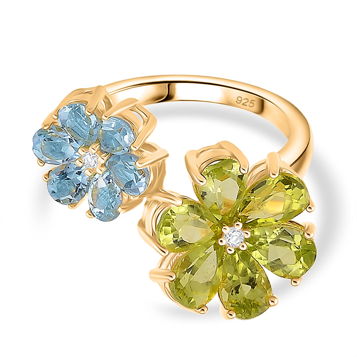 D'Joy Peridot, Swiss Blue Topaz & White Zircon Ring in Yellow Gold Plated Sterling Silver 3.88 Ct.