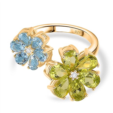 D'Joy Peridot, Swiss Blue Topaz & White Zircon Ring in Yellow Gold Plated Sterling Silver 3.88 Ct.