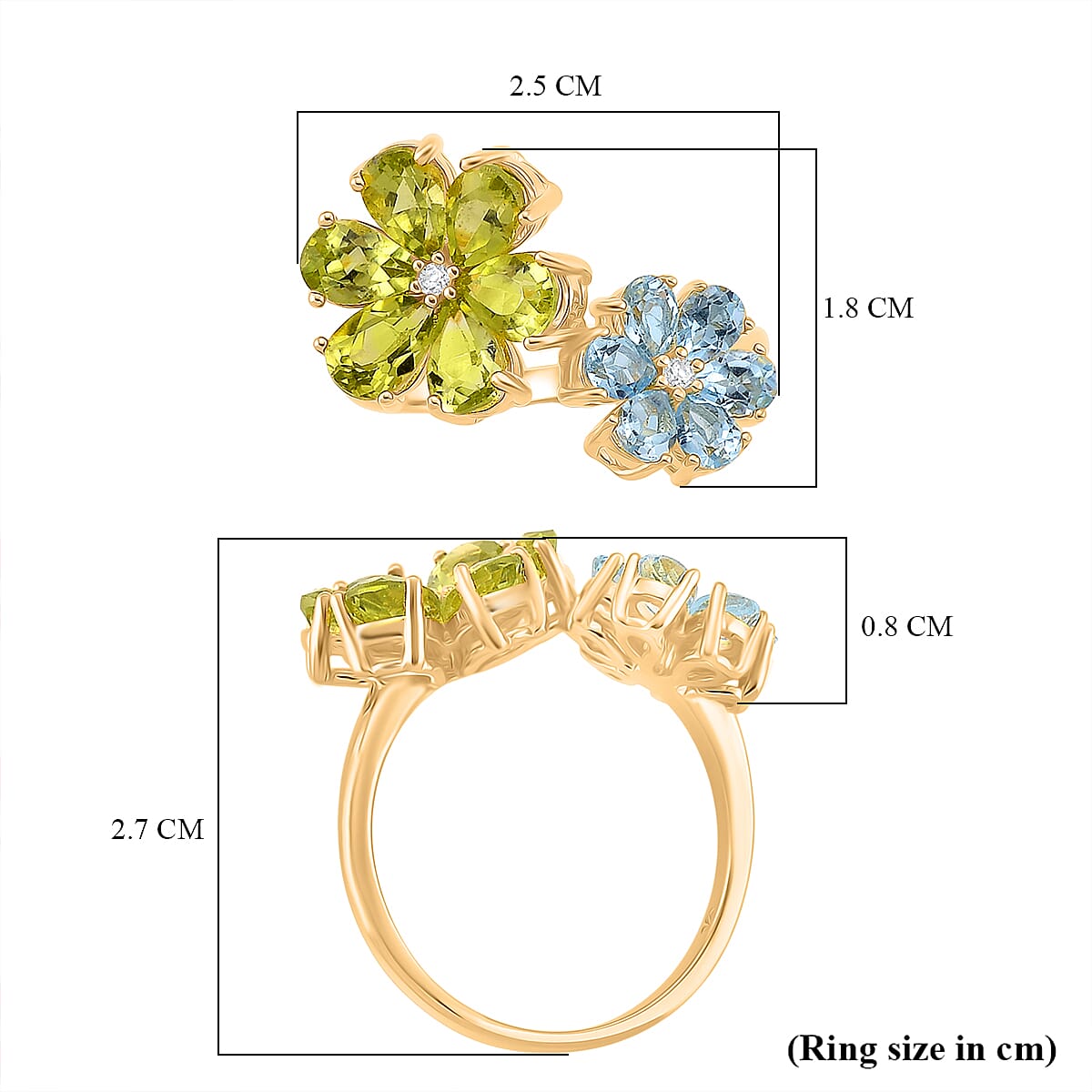 D'Joy Peridot, Swiss Blue Topaz & White Zircon Ring in Yellow Gold Plated Sterling Silver 3.88 Ct.
