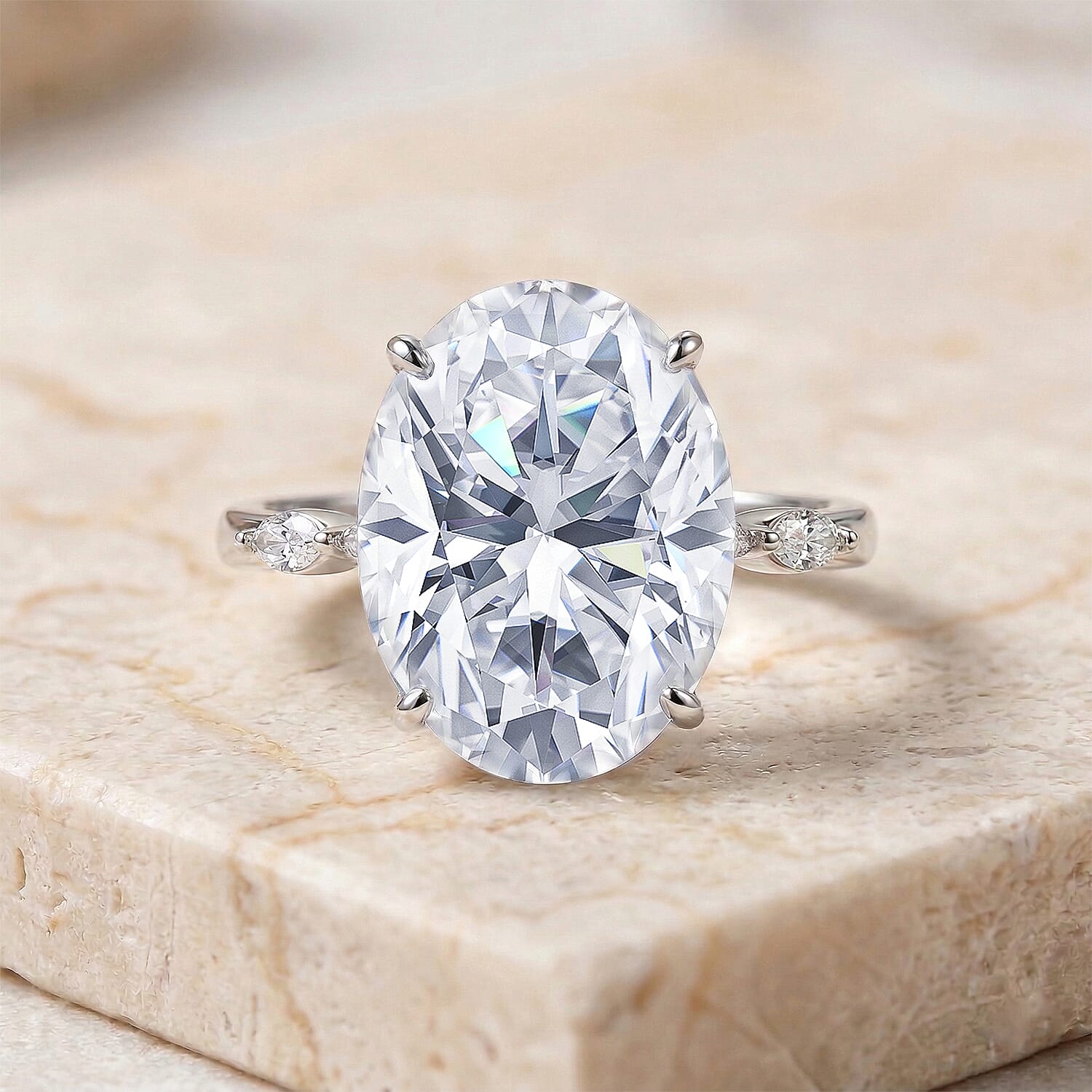 Moissanite Solitaire Ring in Rhodium Overlay Sterling Silver 16.36 Ct.