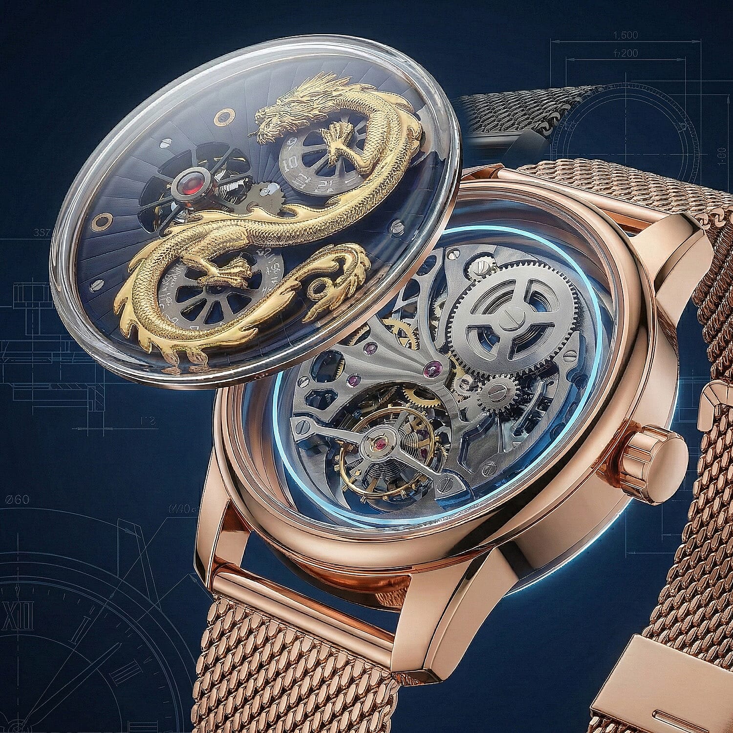 Limited Edition William Hunt London Dragon Watch with Automatic Movt. 5 ATM Water Resistancy Blue Sapphire Crystal Dial and Adjustable Milanese Strap - Rose