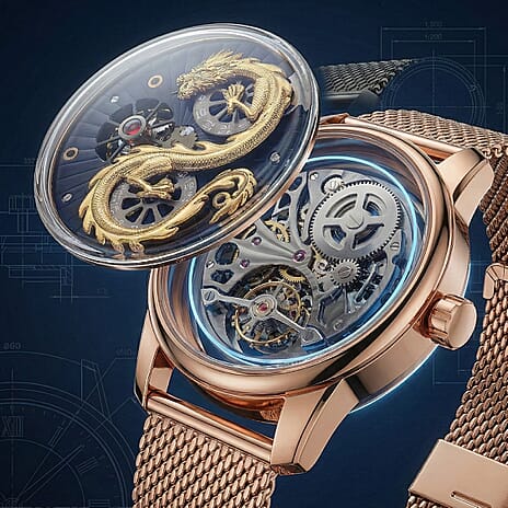 Limited Edition William Hunt London Dragon Watch with Automatic Movt. 5 ATM Water Resistancy Blue Sapphire Crystal Dial and Adjustable Milanese Strap - Rose