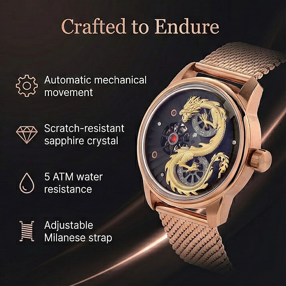 Limited Edition William Hunt London Dragon Watch with Automatic Movt. 5 ATM Water Resistancy Blue Sapphire Crystal Dial and Adjustable Milanese Strap - Rose