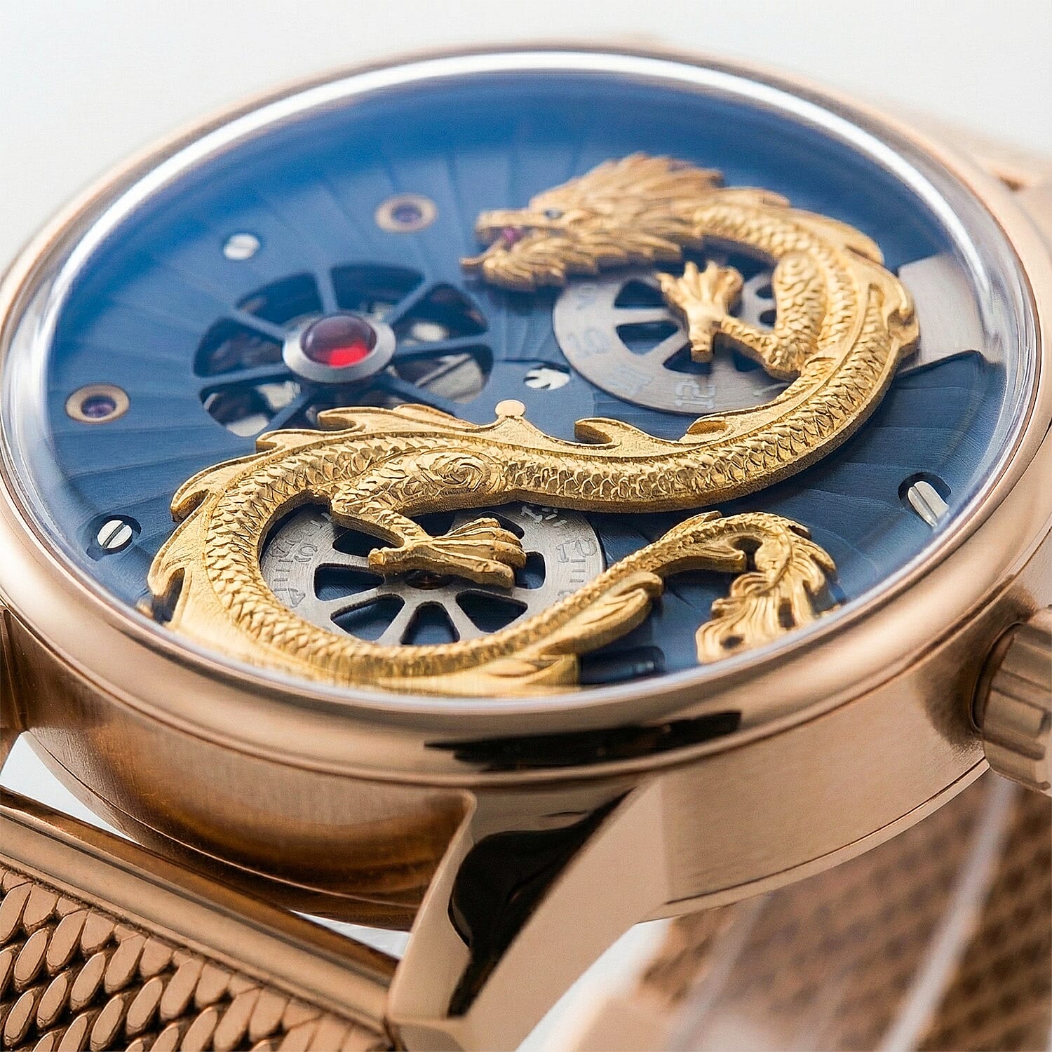 Limited Edition William Hunt London Dragon Watch with Automatic Movt. 5 ATM Water Resistancy Blue Sapphire Crystal Dial and Adjustable Milanese Strap - Rose