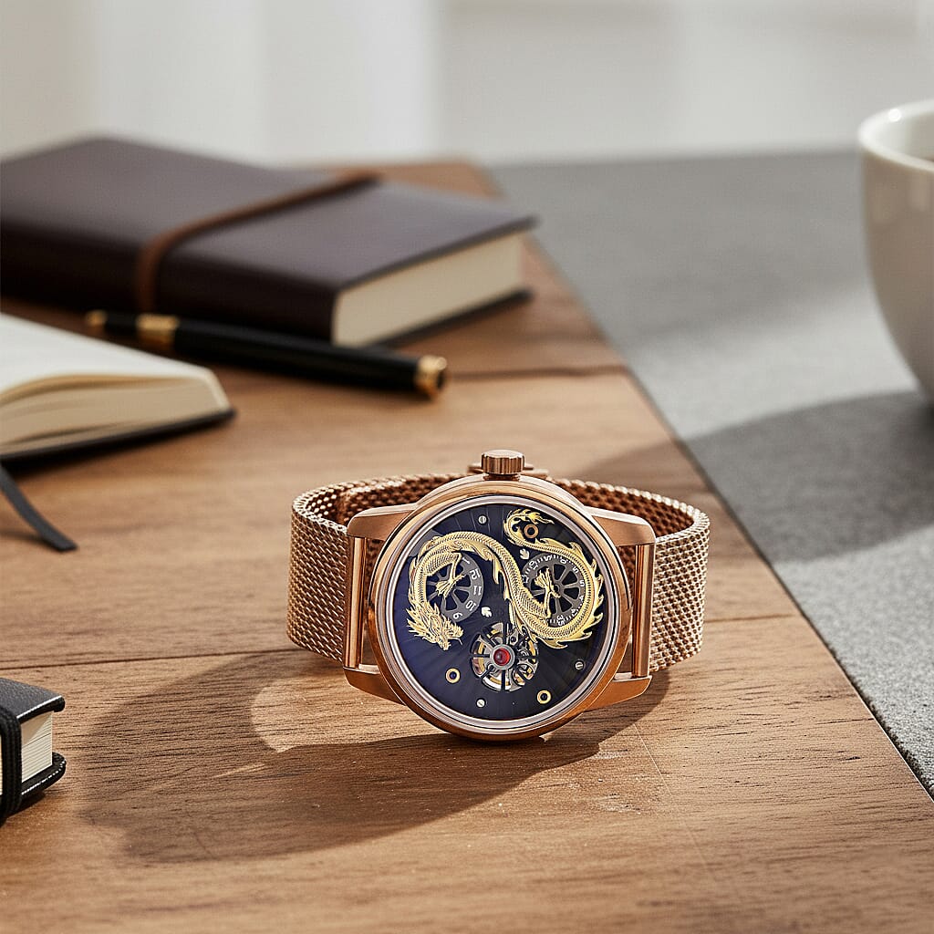 Limited Edition William Hunt London Dragon Watch with Automatic Movt. 5 ATM Water Resistancy Blue Sapphire Crystal Dial and Adjustable Milanese Strap - Rose