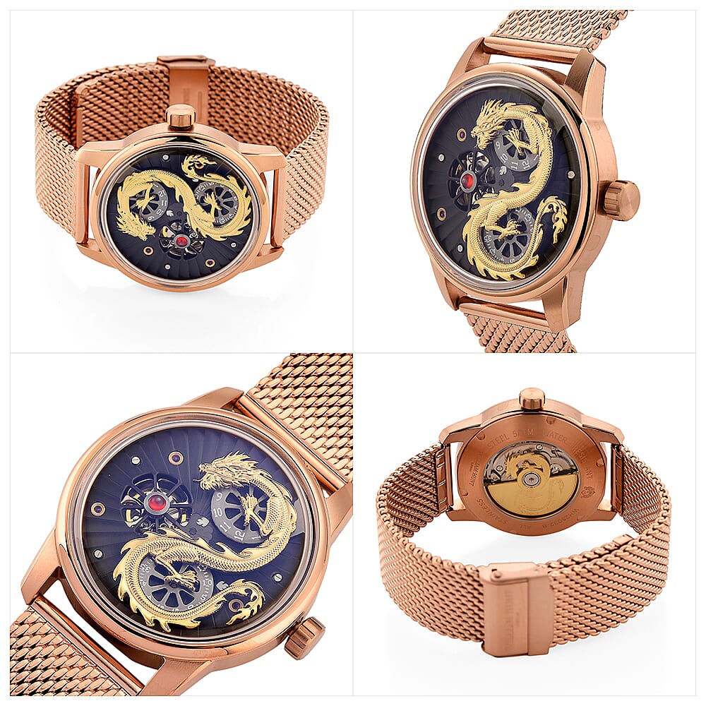 Limited Edition William Hunt London Dragon Watch with Automatic Movt. 5 ATM Water Resistancy Blue Sapphire Crystal Dial and Adjustable Milanese Strap - Rose