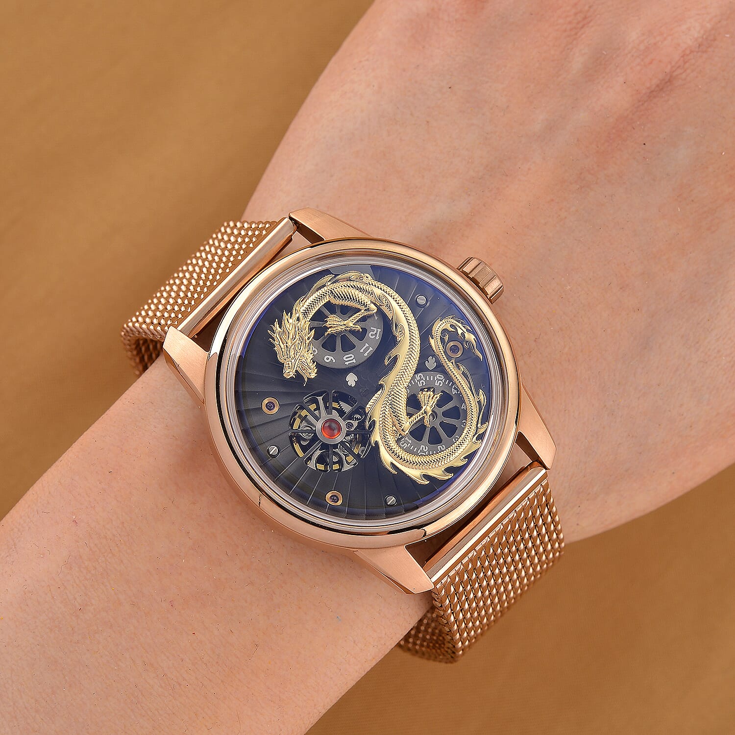 Limited Edition William Hunt London Dragon Watch with Automatic Movt. 5 ATM Water Resistancy Blue Sapphire Crystal Dial and Adjustable Milanese Strap - Rose