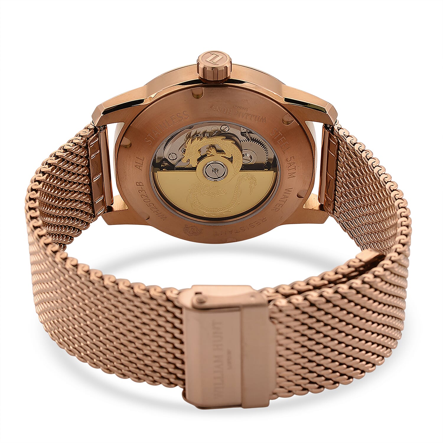 Limited Edition William Hunt London Dragon Watch with Automatic Movt. 5 ATM Water Resistancy Blue Sapphire Crystal Dial and Adjustable Milanese Strap - Rose