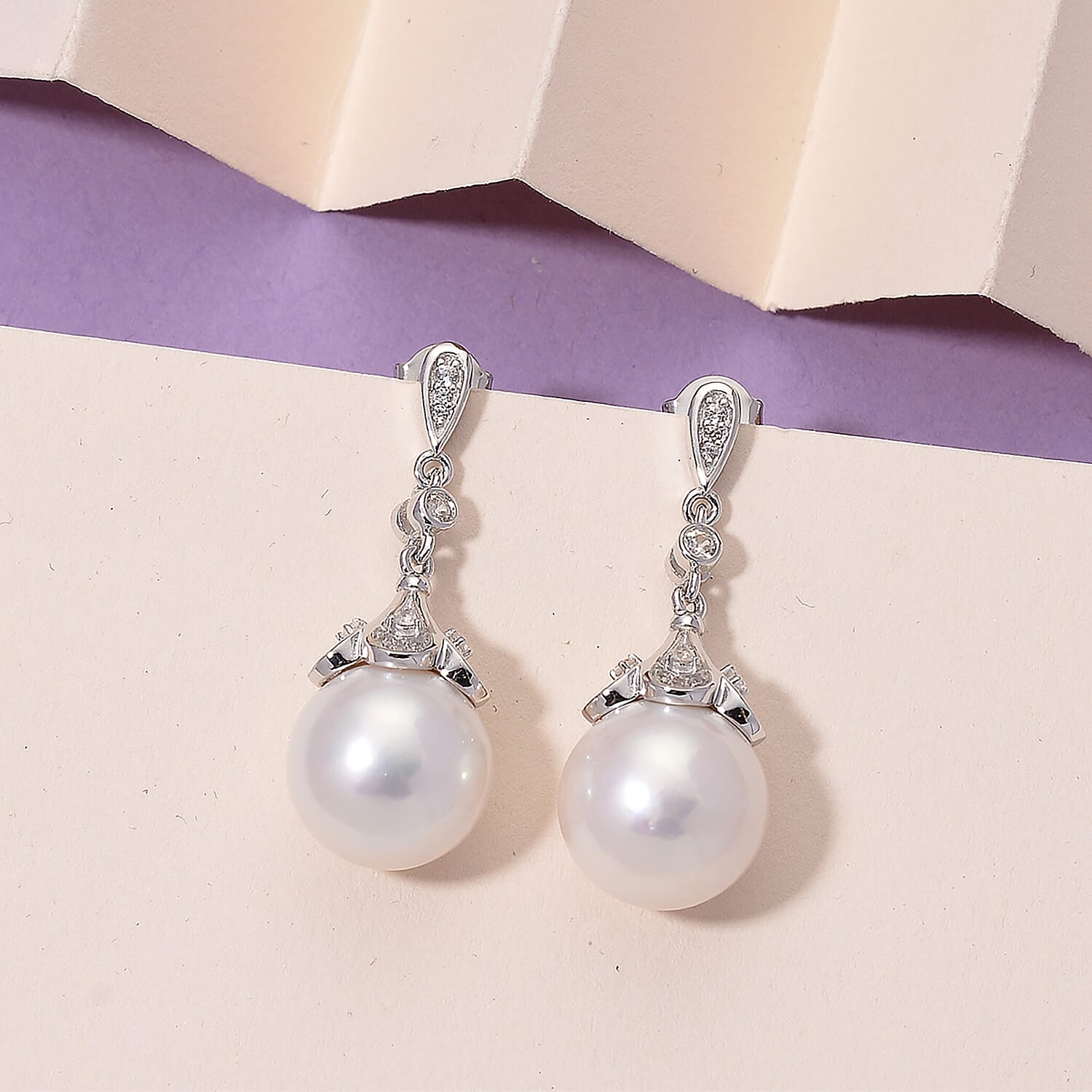 D'Joy White Edison Pearl & White Zircon Dangling Earring with Push Back in Rhodium Overlay Sterling Silver 27.17 Ct, Silver Wt. 5.00 Gms.
