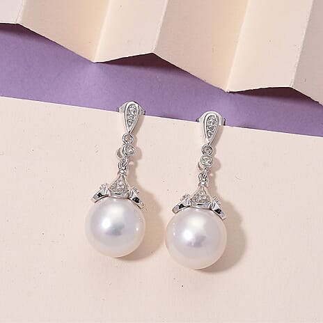 D'Joy White Edison Pearl & White Zircon Dangling Earring with Push Back in Rhodium Overlay Sterling Silver 27.17 Ct, Silver Wt. 5.00 Gms.
