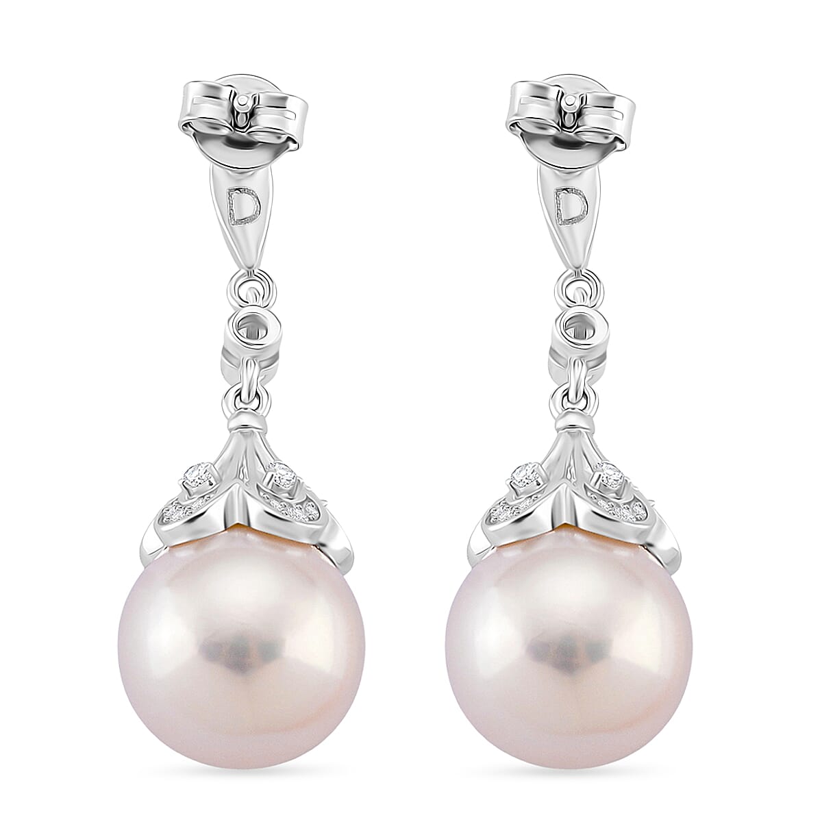 D'Joy White Edison Pearl & White Zircon Dangling Earring with Push Back in Rhodium Overlay Sterling Silver 27.17 Ct, Silver Wt. 5.00 Gms.