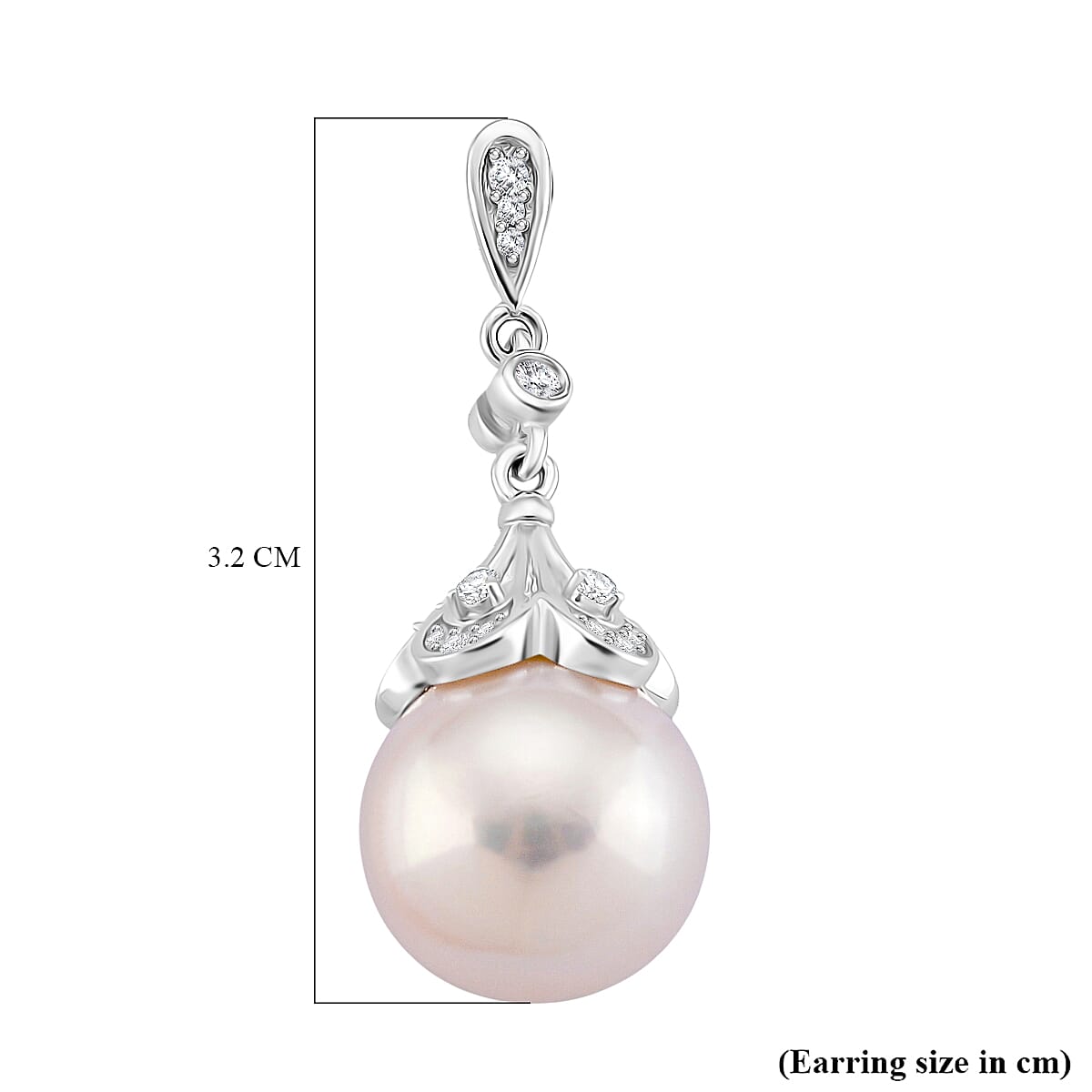 D'Joy White Edison Pearl & White Zircon Dangling Earring with Push Back in Rhodium Overlay Sterling Silver 27.17 Ct, Silver Wt. 5.00 Gms.