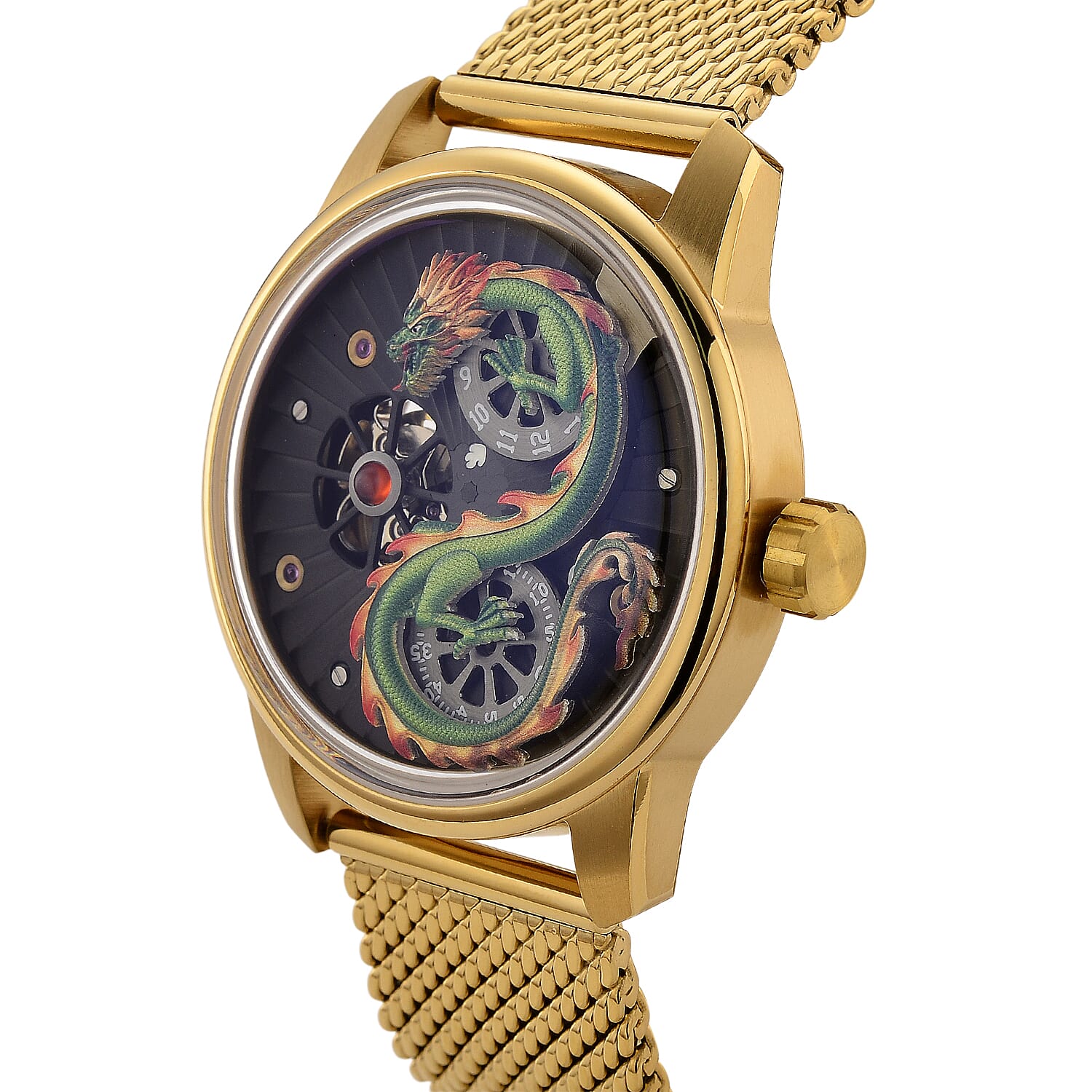 Limited Edition William Hunt London Dragon Watch with Automatic Movt. 5 ATM Water Resistancy, Blue Sapphire Crystal Dial and Adjustable Milanese Strap - Gold