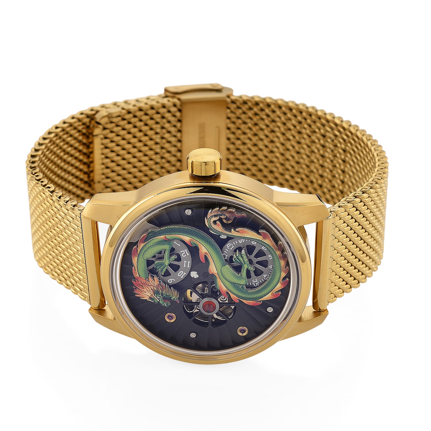 Limited Edition William Hunt London Dragon Watch with Automatic Movt. 5 ATM Water Resistancy, Blue Sapphire Crystal Dial and Adjustable Milanese Strap - Gold