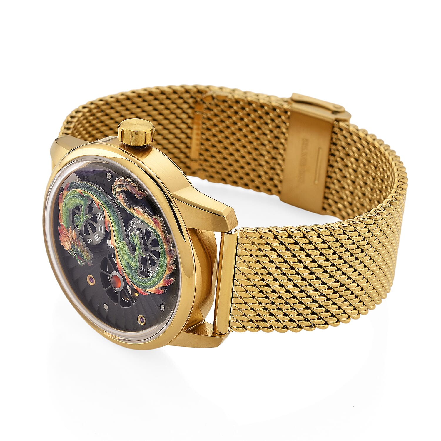 Limited Edition William Hunt London Dragon Watch with Automatic Movt. 5 ATM Water Resistancy, Blue Sapphire Crystal Dial and Adjustable Milanese Strap - Gold