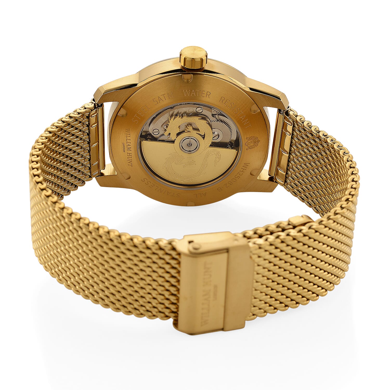 Limited Edition William Hunt London Dragon Watch with Automatic Movt. 5 ATM Water Resistancy, Blue Sapphire Crystal Dial and Adjustable Milanese Strap - Gold