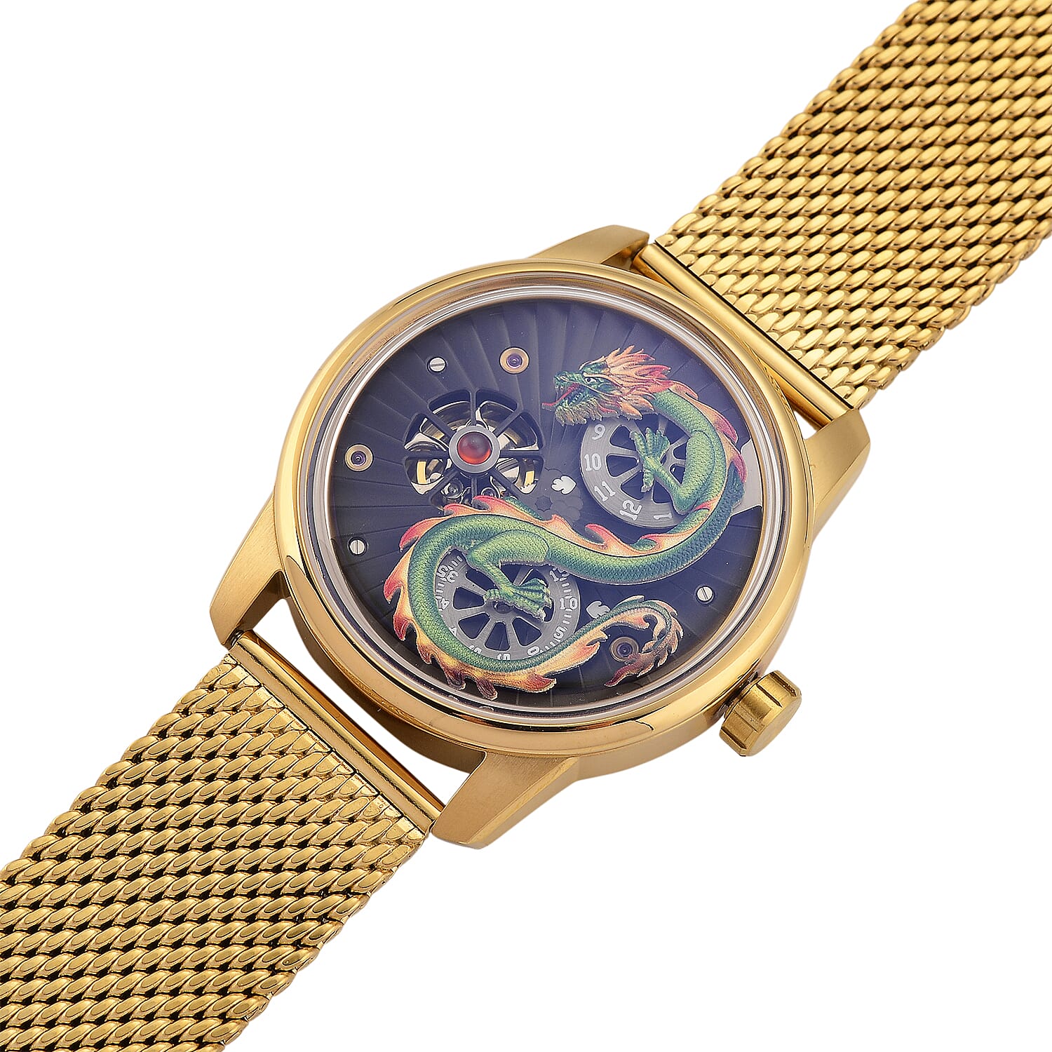 Limited Edition William Hunt London Dragon Watch with Automatic Movt. 5 ATM Water Resistancy, Blue Sapphire Crystal Dial and Adjustable Milanese Strap - Gold