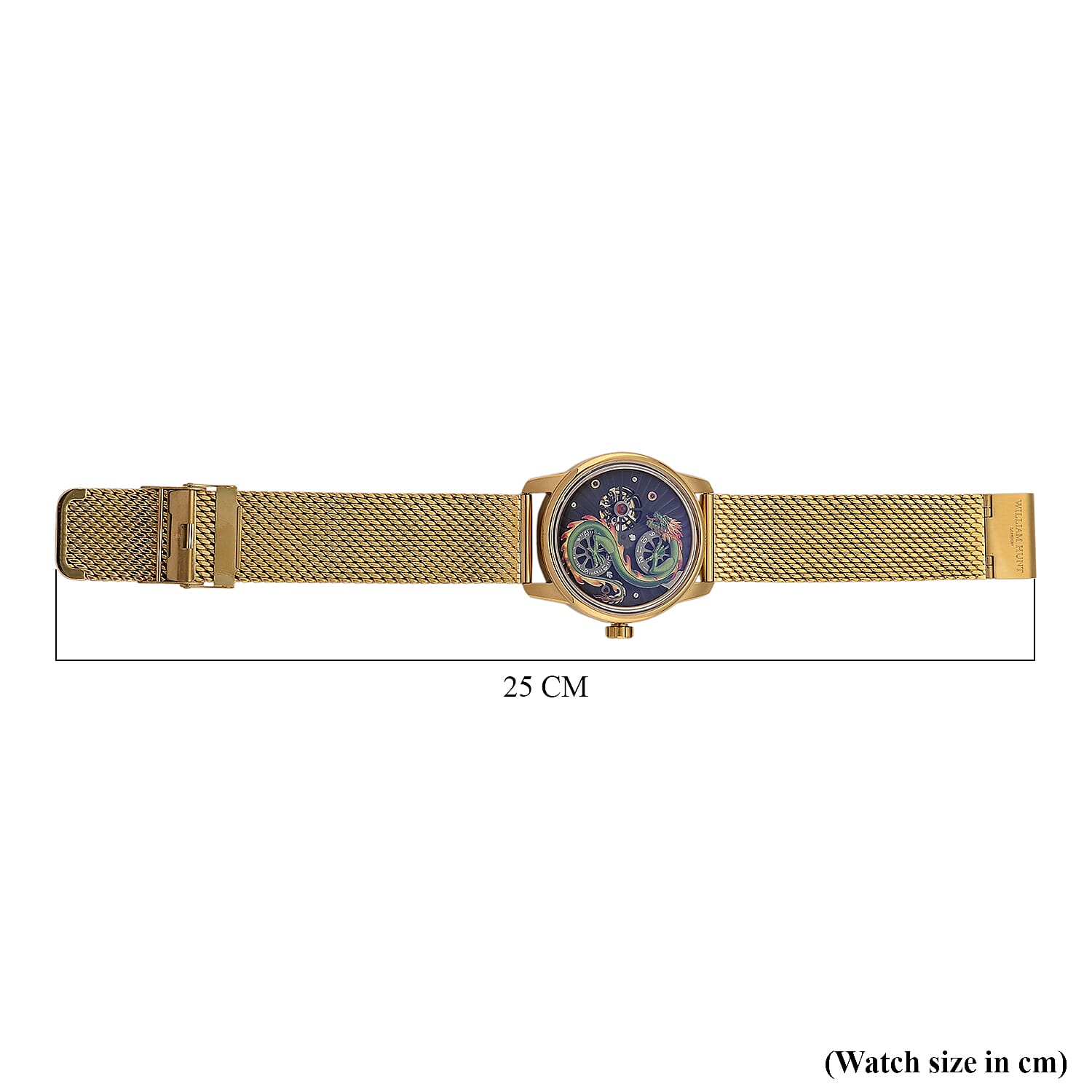 Limited Edition William Hunt London Dragon Watch with Automatic Movt. 5 ATM Water Resistancy, Blue Sapphire Crystal Dial and Adjustable Milanese Strap - Gold