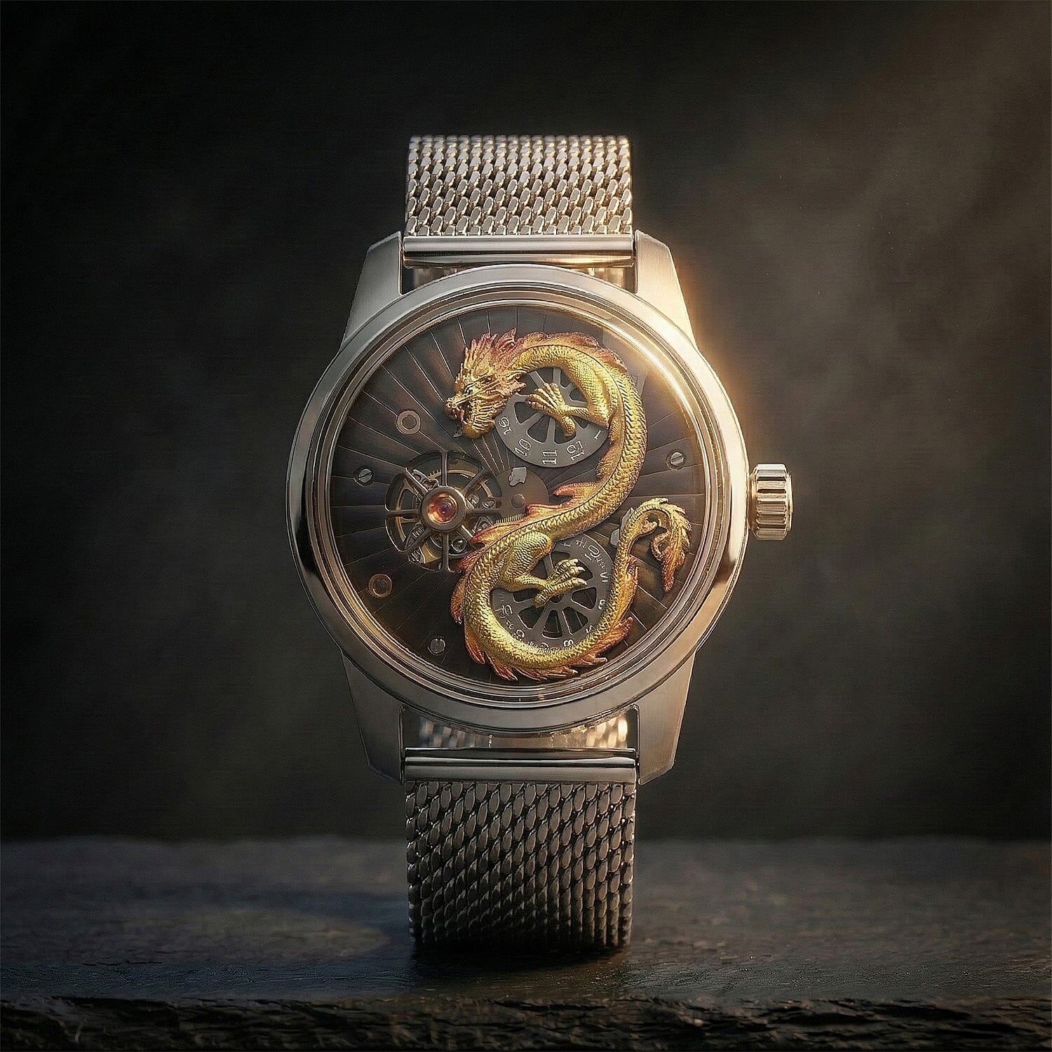 Limited Edition William Hunt London Dragon Watch with Automatic Movt. 5 ATM Water Resistancy, Blue Sapphire Crystal Dial and Adjustable Milanese Strap - Silver