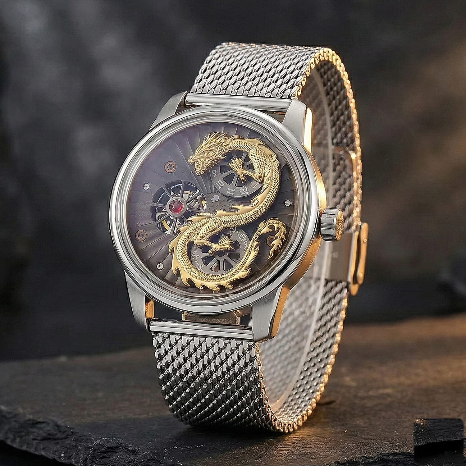 Limited Edition William Hunt London Dragon Watch with Automatic Movt. 5 ATM Water Resistancy, Blue Sapphire Crystal Dial and Adjustable Milanese Strap - Silver