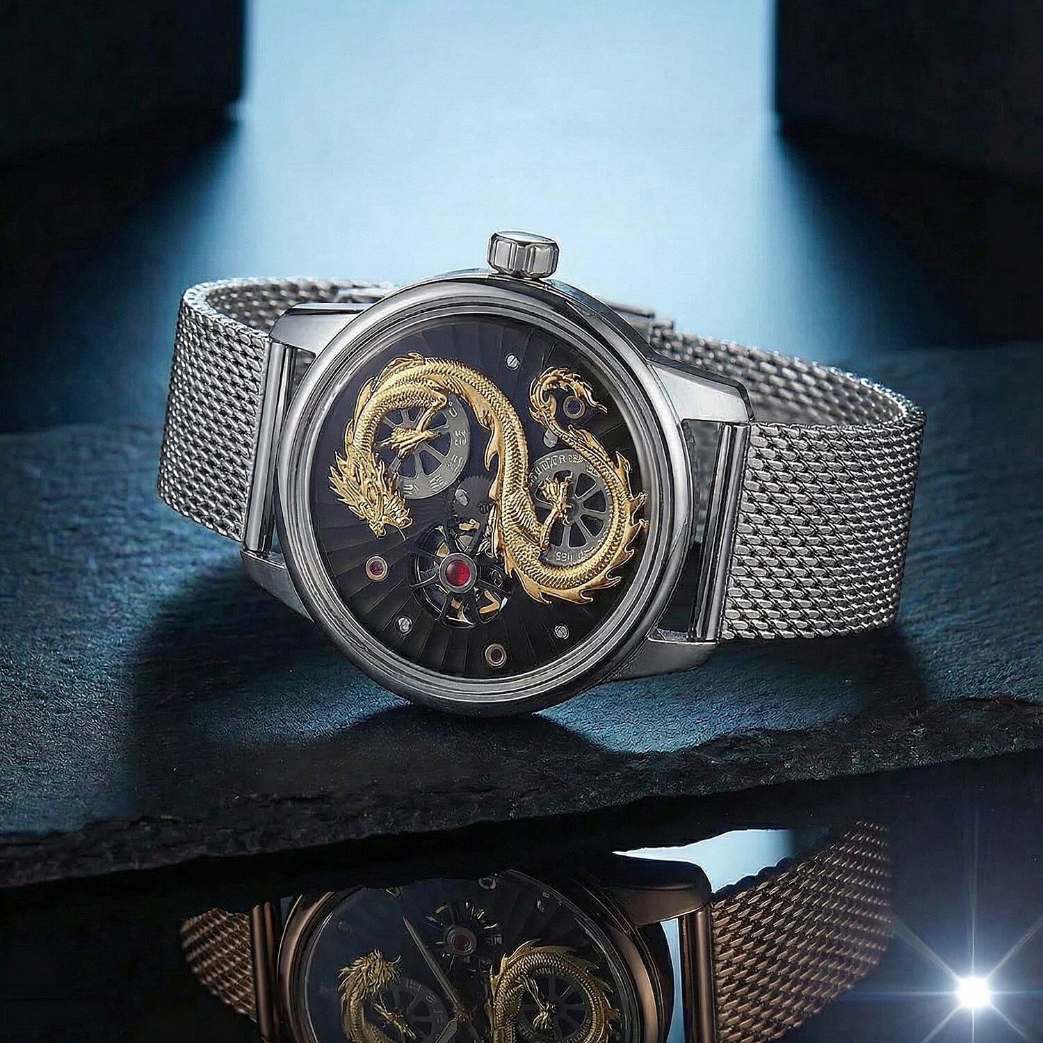Limited Edition William Hunt London Dragon Watch with Automatic Movt. 5 ATM Water Resistancy, Blue Sapphire Crystal Dial and Adjustable Milanese Strap - Silver