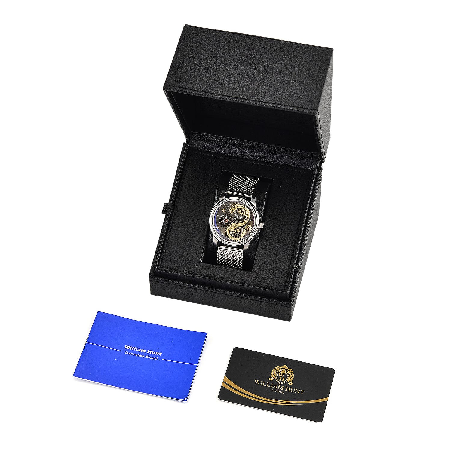 Limited Edition William Hunt London Dragon Watch with Automatic Movt. 5 ATM Water Resistancy, Blue Sapphire Crystal Dial and Adjustable Milanese Strap - Silver