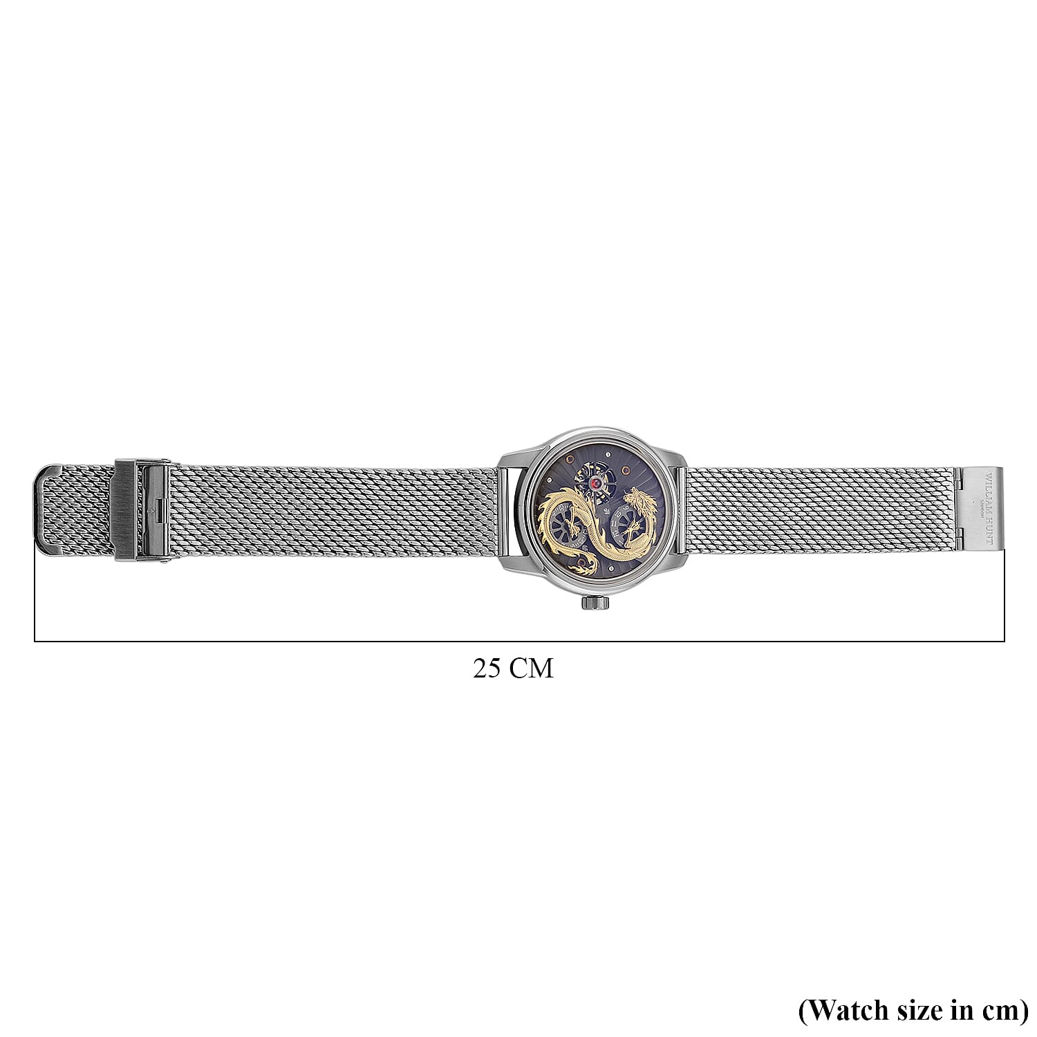 Limited Edition William Hunt London Dragon Watch with Automatic Movt. 5 ATM Water Resistancy, Blue Sapphire Crystal Dial and Adjustable Milanese Strap - Silver