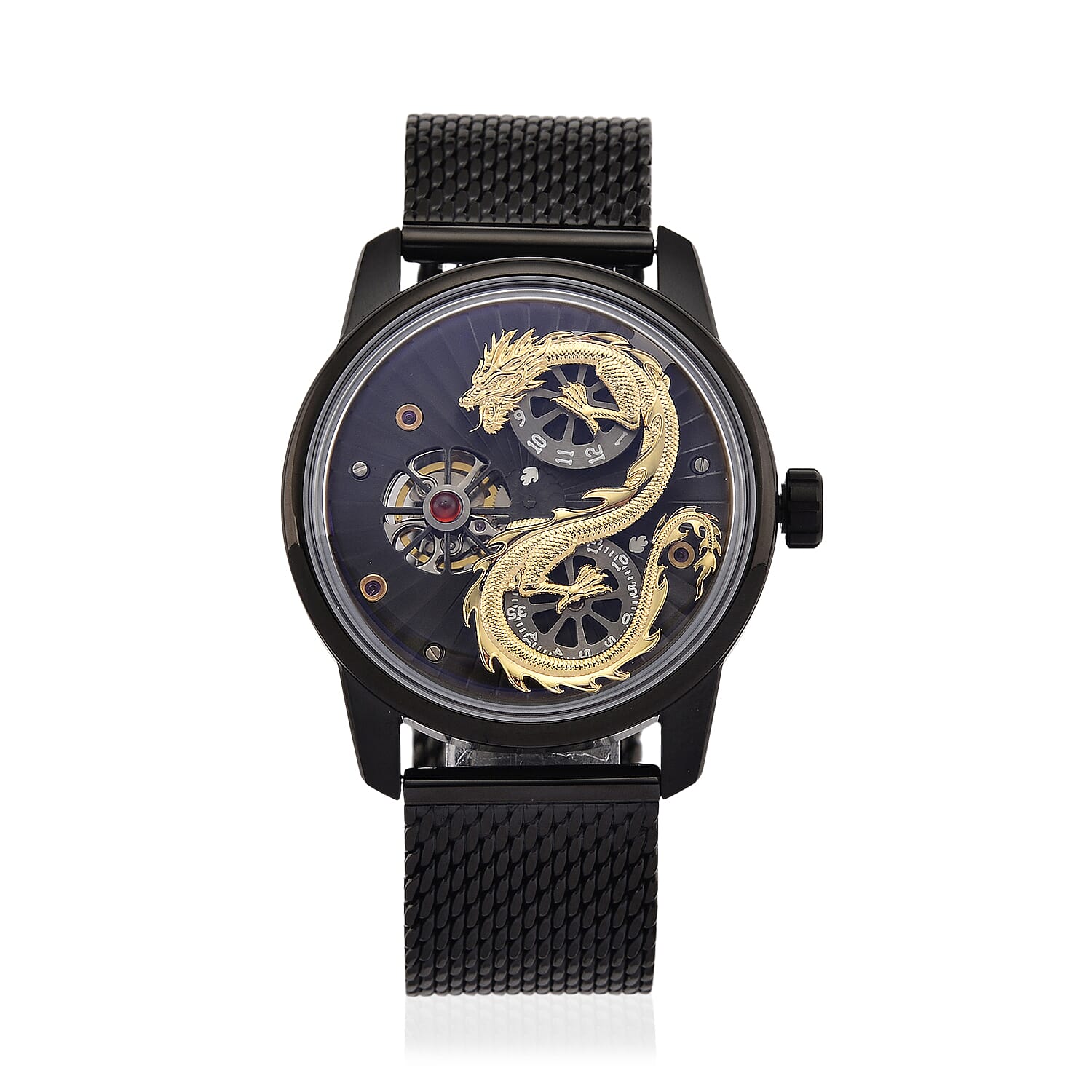 Limited Edition William Hunt London Dragon Watch with Automatic Movt. 5 ATM Water Resistancy, Blue Sapphire Crystal Dial and Adjustable Milanese Strap - Black Gold