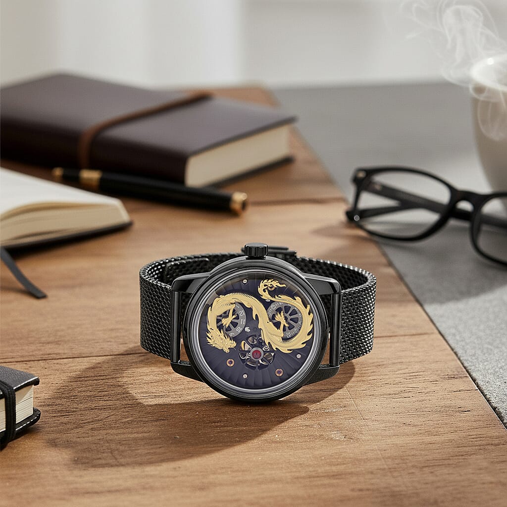 Limited Edition William Hunt London Dragon Watch with Automatic Movt. 5 ATM Water Resistancy, Blue Sapphire Crystal Dial and Adjustable Milanese Strap - Black Gold