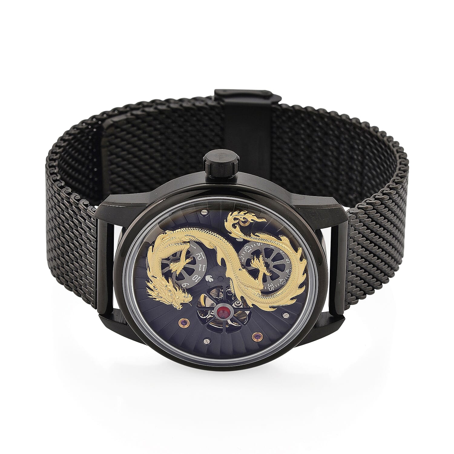 Limited Edition William Hunt London Dragon Watch with Automatic Movt. 5 ATM Water Resistancy, Blue Sapphire Crystal Dial and Adjustable Milanese Strap - Black Gold