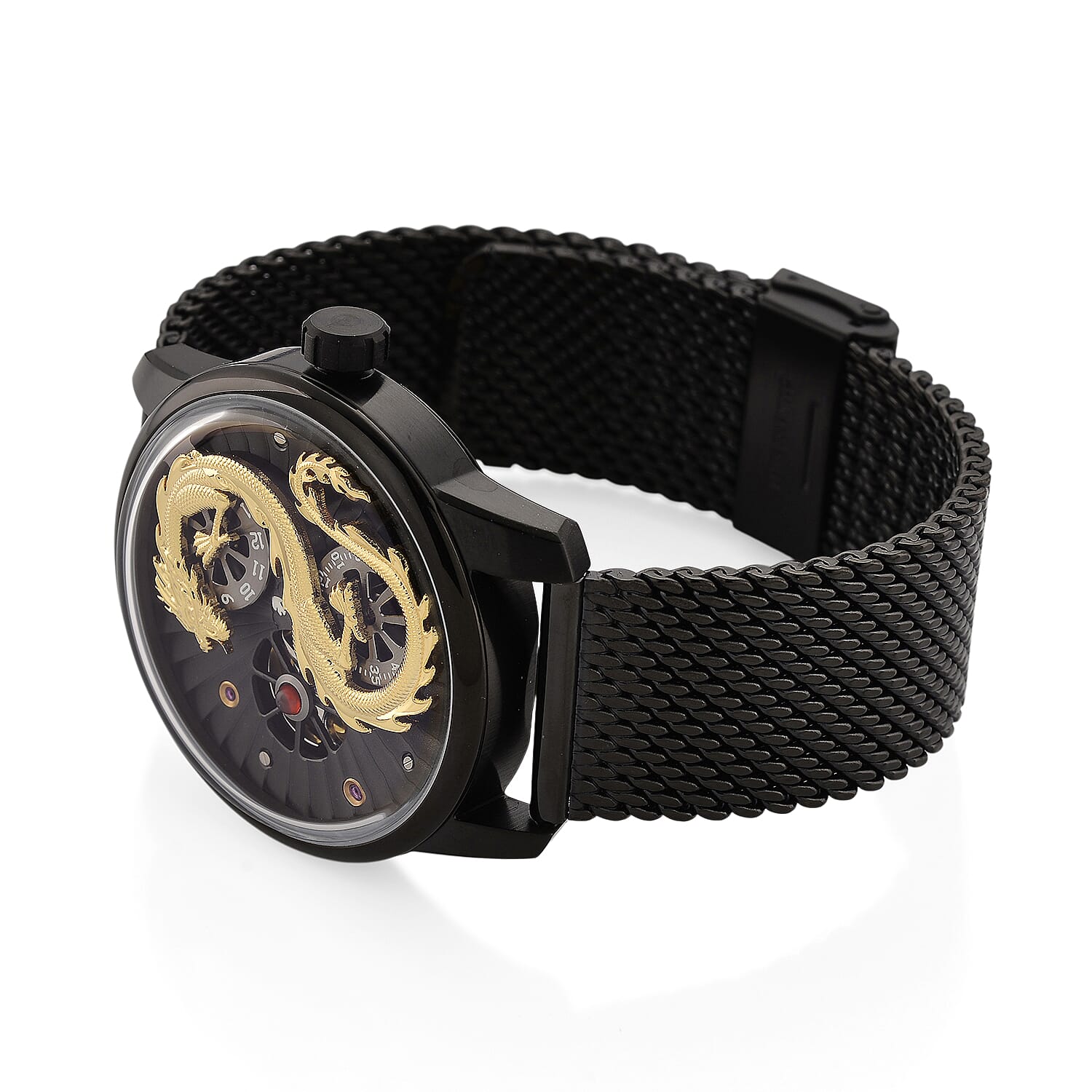 Limited Edition William Hunt London Dragon Watch with Automatic Movt. 5 ATM Water Resistancy, Blue Sapphire Crystal Dial and Adjustable Milanese Strap - Black Gold