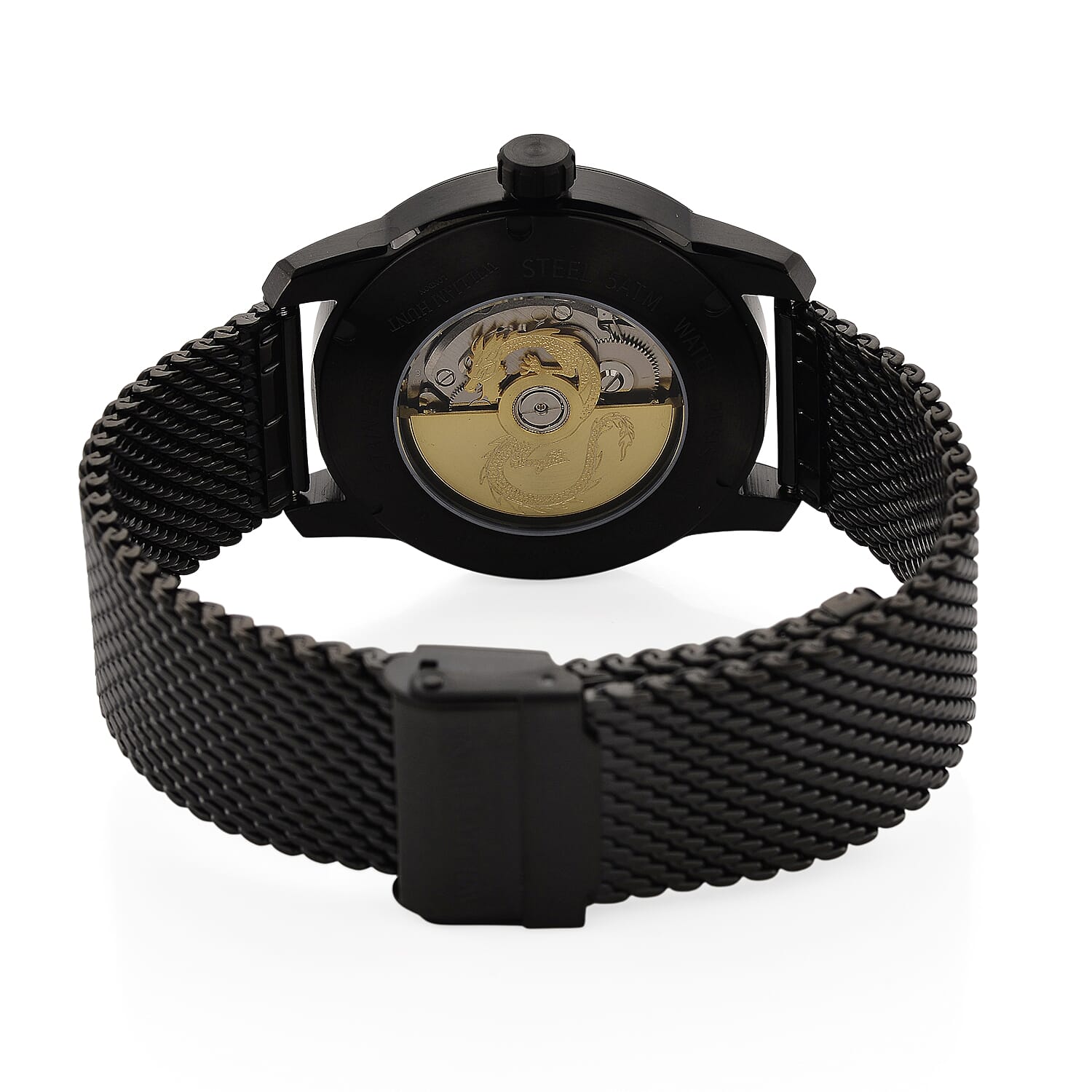Limited Edition William Hunt London Dragon Watch with Automatic Movt. 5 ATM Water Resistancy, Blue Sapphire Crystal Dial and Adjustable Milanese Strap - Black Gold