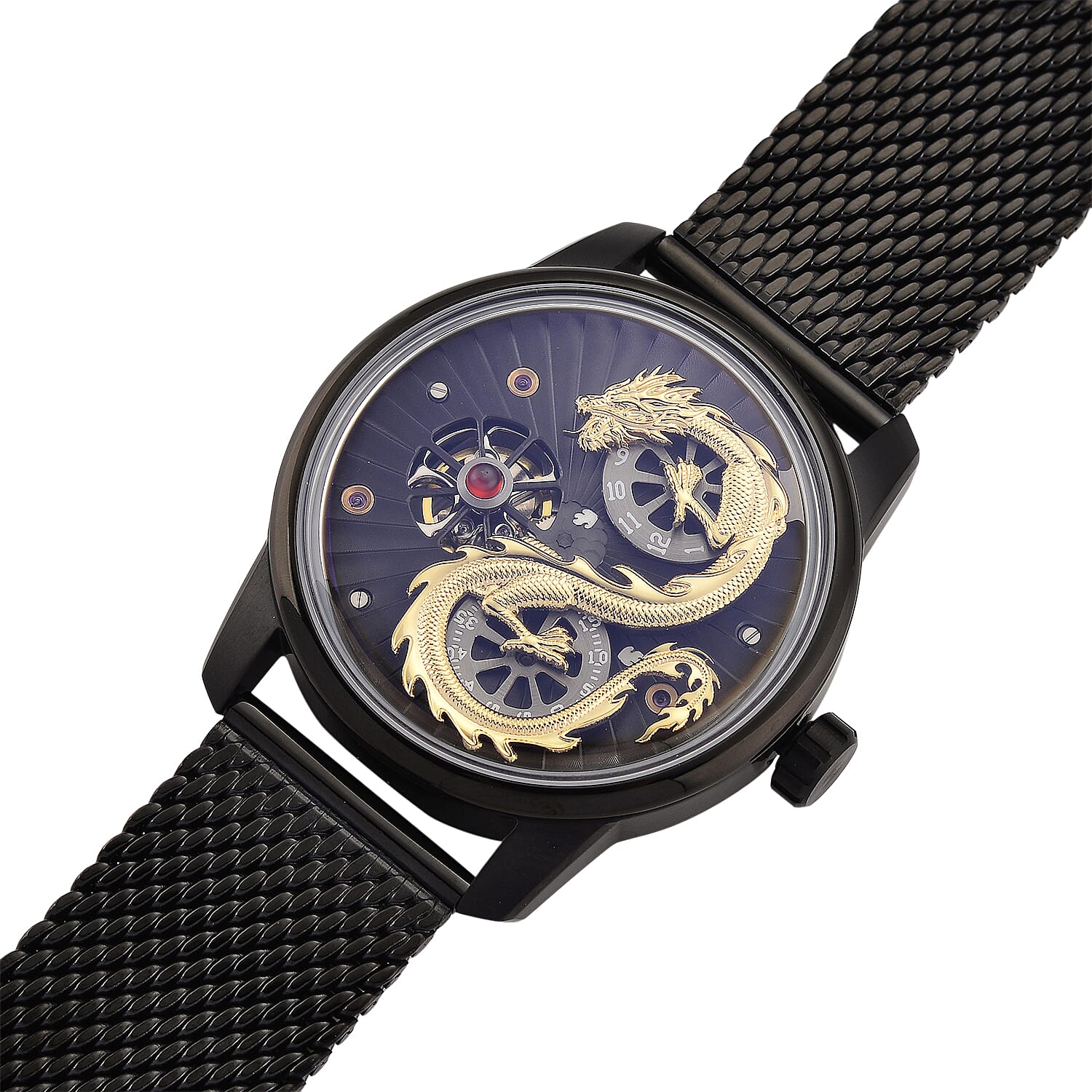Limited Edition William Hunt London Dragon Watch with Automatic Movt. 5 ATM Water Resistancy, Blue Sapphire Crystal Dial and Adjustable Milanese Strap - Black Gold