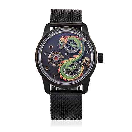 Limited Edition William Hunt London Dragon Watch with Automatic Movt. 5 ATM Water Resistancy, Blue Sapphire Crystal Dial and Adjustable Milanese Strap - Black Neon