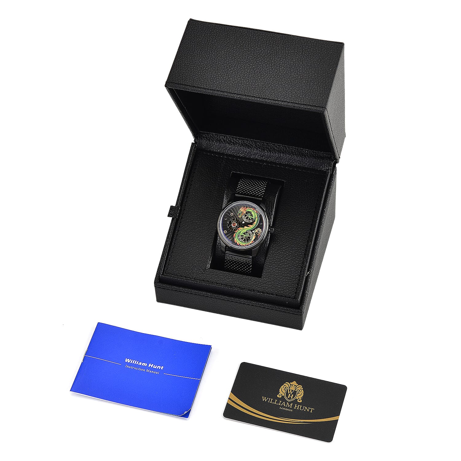 Limited Edition William Hunt London Dragon Watch with Automatic Movt. 5 ATM Water Resistancy, Blue Sapphire Crystal Dial and Adjustable Milanese Strap - Black Neon