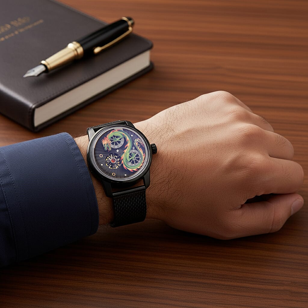 Limited Edition William Hunt London Dragon Watch with Automatic Movt. 5 ATM Water Resistancy, Blue Sapphire Crystal Dial and Adjustable Milanese Strap - Black Neon