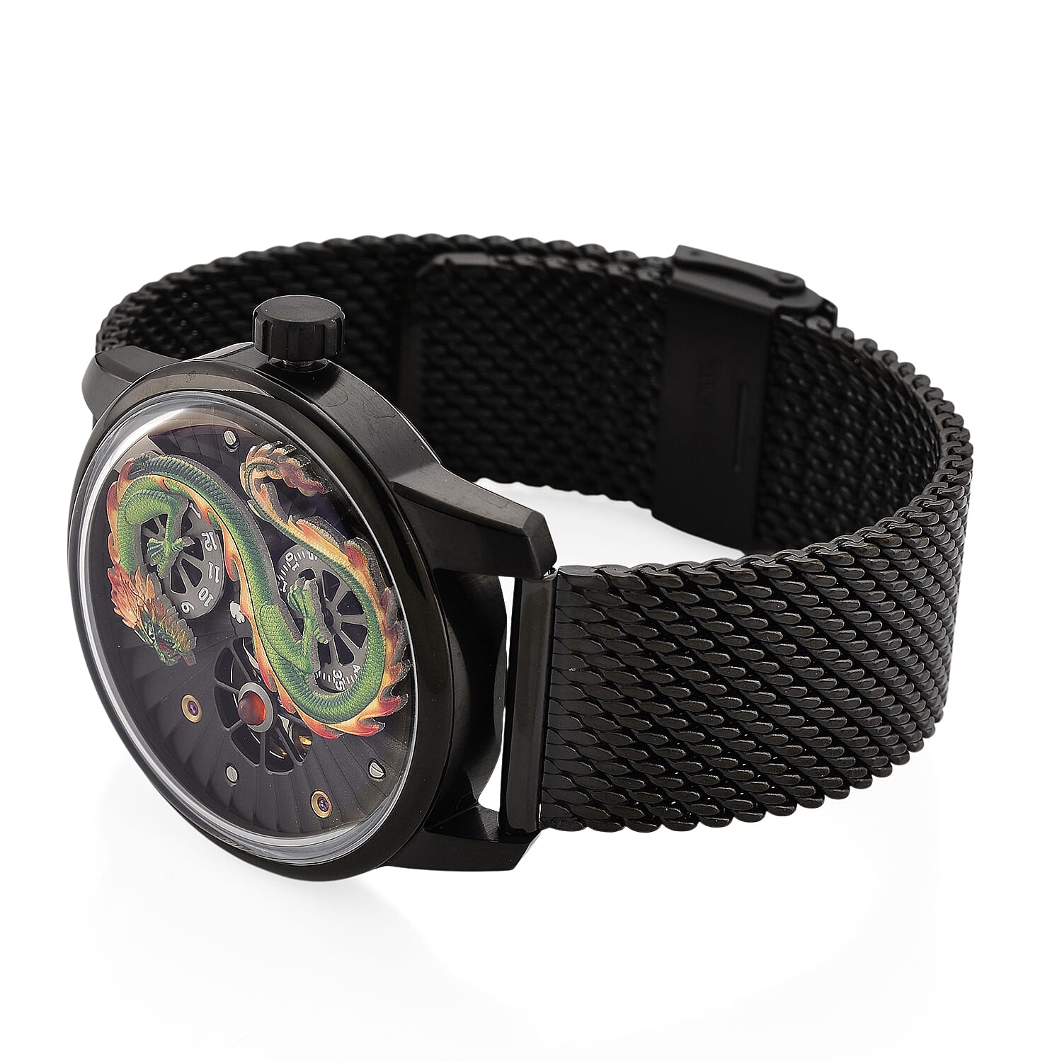 Limited Edition William Hunt London Dragon Watch with Automatic Movt. 5 ATM Water Resistancy, Blue Sapphire Crystal Dial and Adjustable Milanese Strap - Black Neon