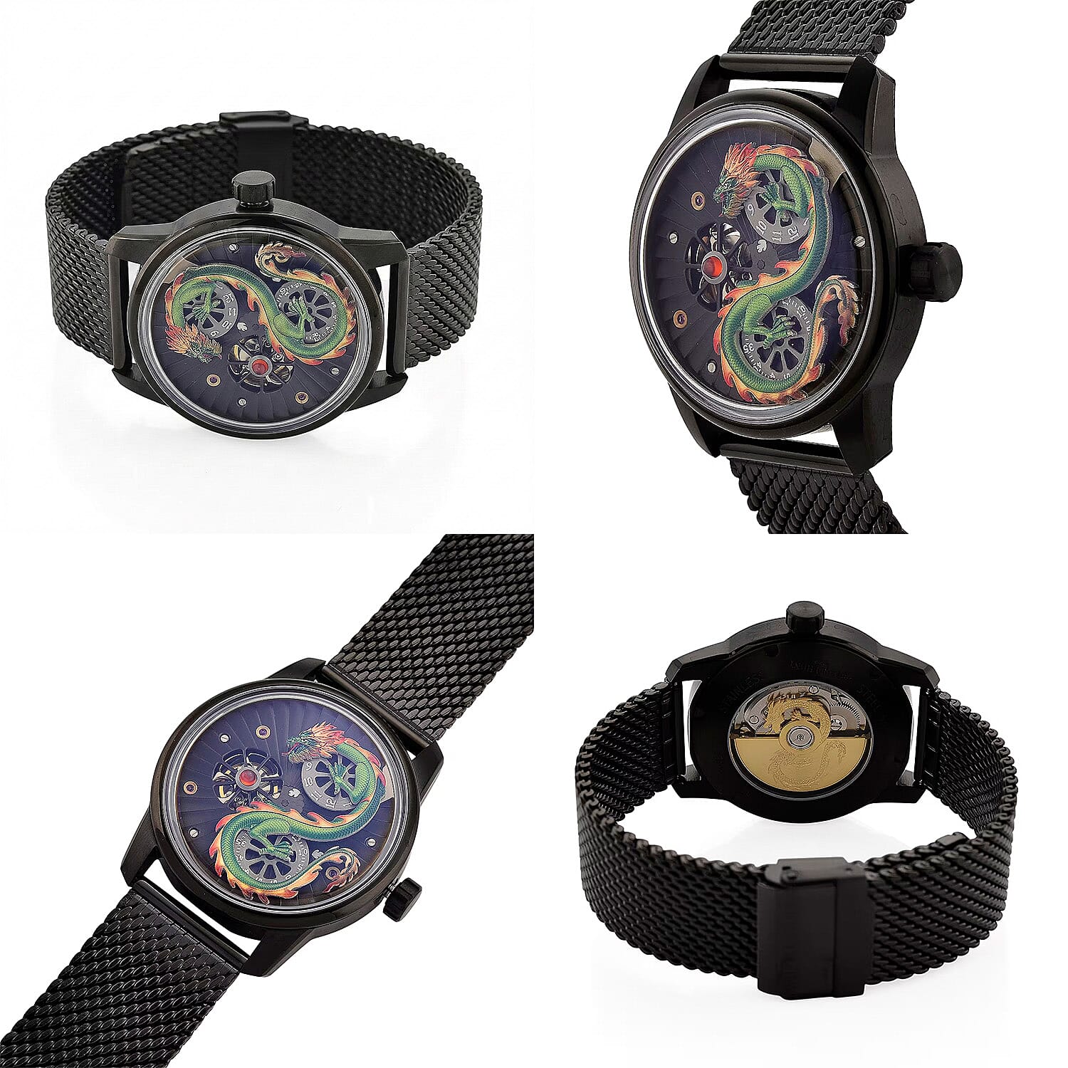 Limited Edition William Hunt London Dragon Watch with Automatic Movt. 5 ATM Water Resistancy, Blue Sapphire Crystal Dial and Adjustable Milanese Strap - Black Neon