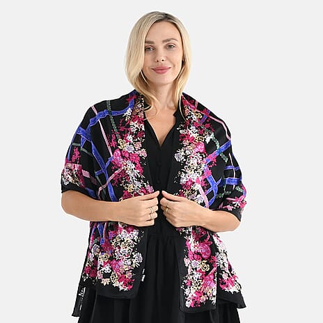 La Marey 100% Mulberry Silk Flower Print Scarf (170 x 55cm) - Black