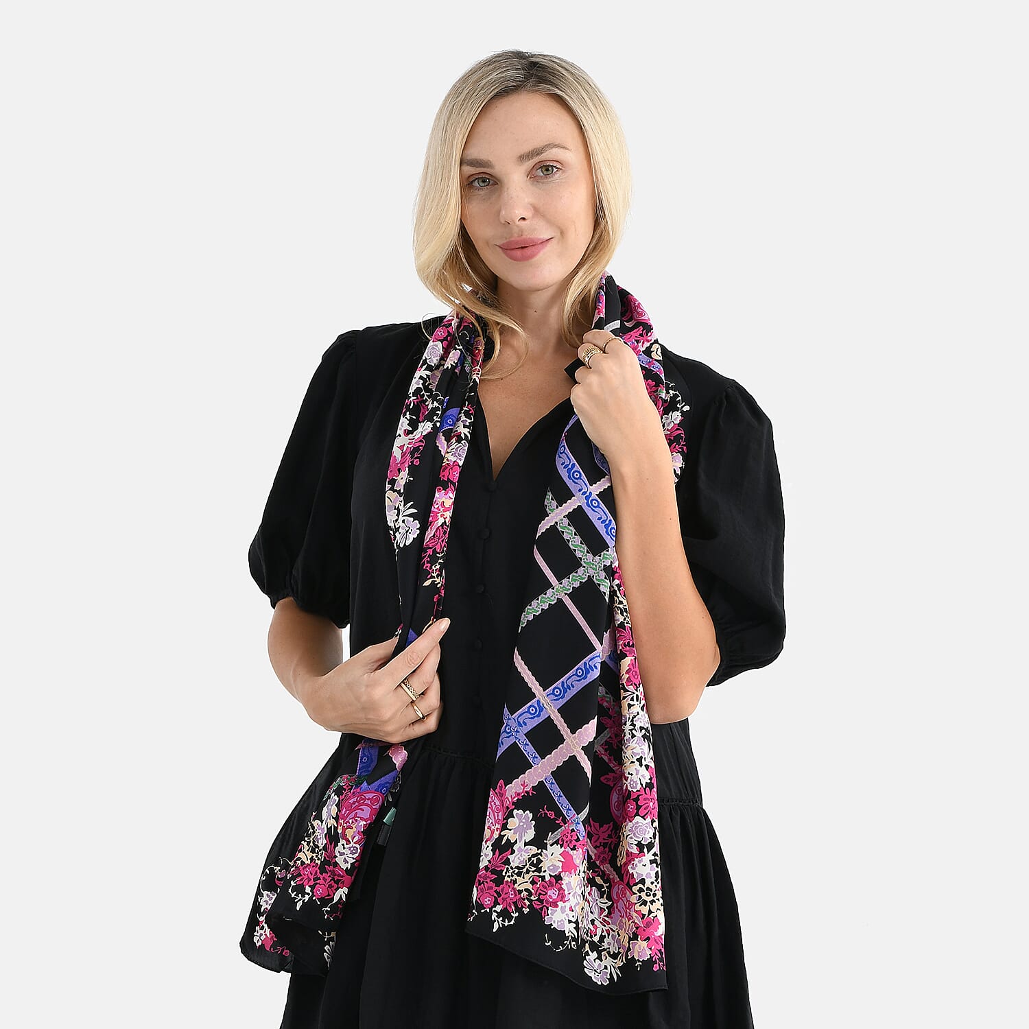 La Marey 100% Mulberry Silk Flower Scarf (Size - One Size) - Black