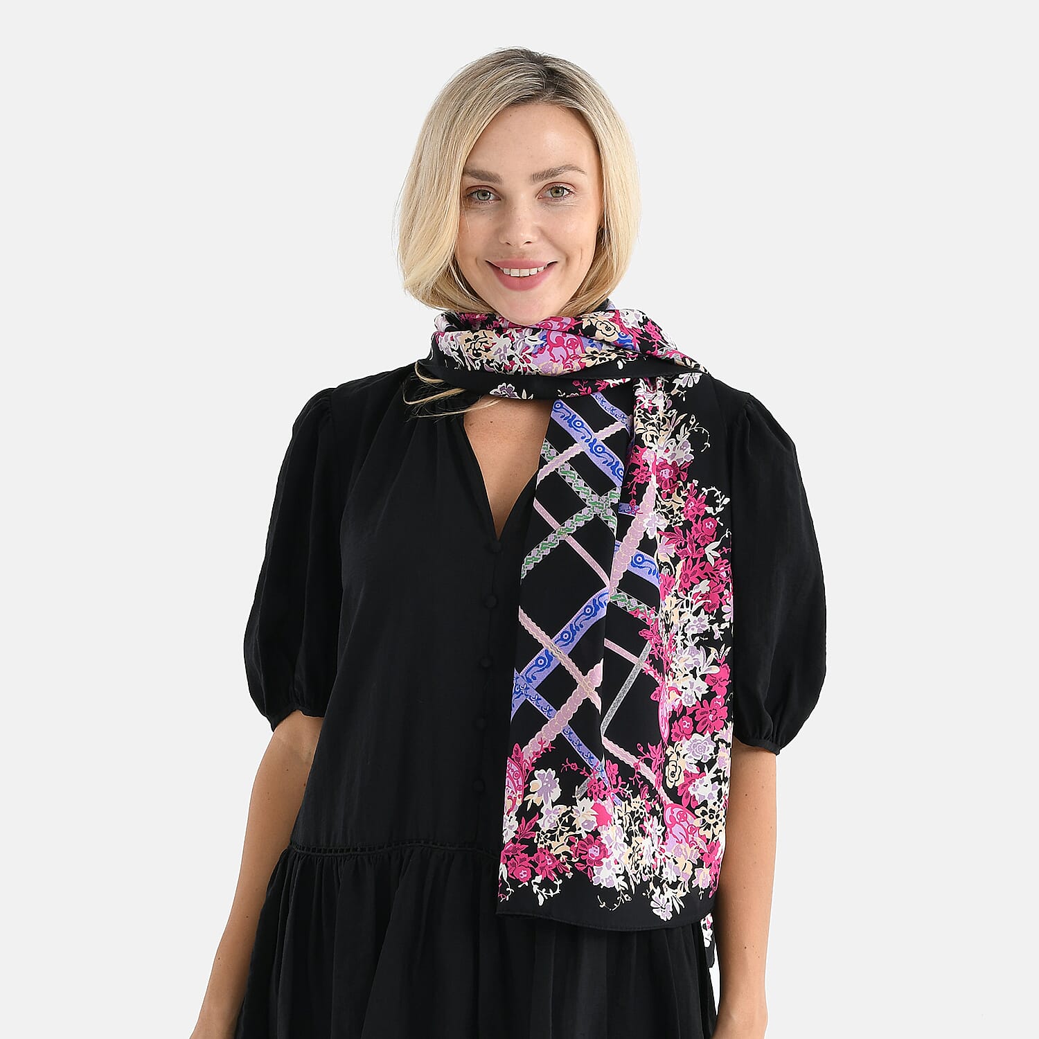 La Marey 100% Mulberry Silk Flower Scarf (Size - One Size) - Black