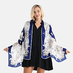 La Marey 100% Mulberry Silk Flower Print Scarf (170 x 55cm) - Blue