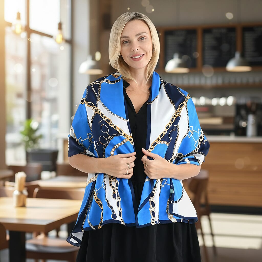 La Marey 100% Mulberry Silk Flower Print Scarf (170 x 55cm) - Blue