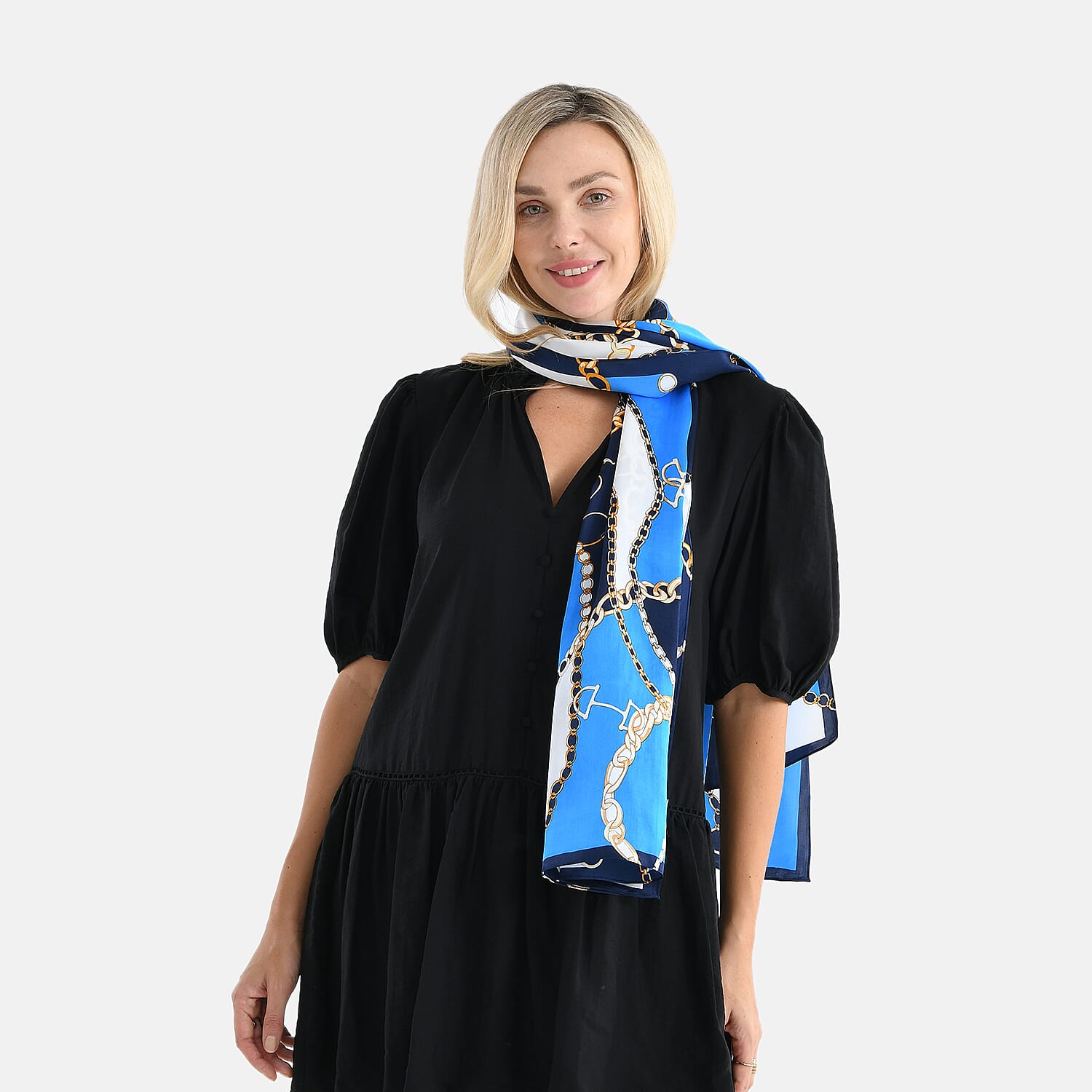 La Marey 100% Mulberry Silk Flower Print Scarf (170 x 55cm) - Blue