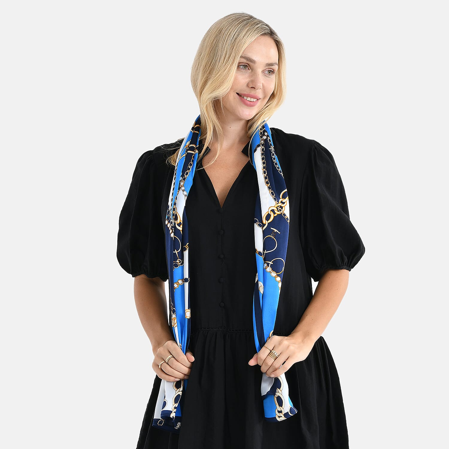 La Marey 100% Mulberry Silk Flower Print Scarf (170 x 55cm) - Blue