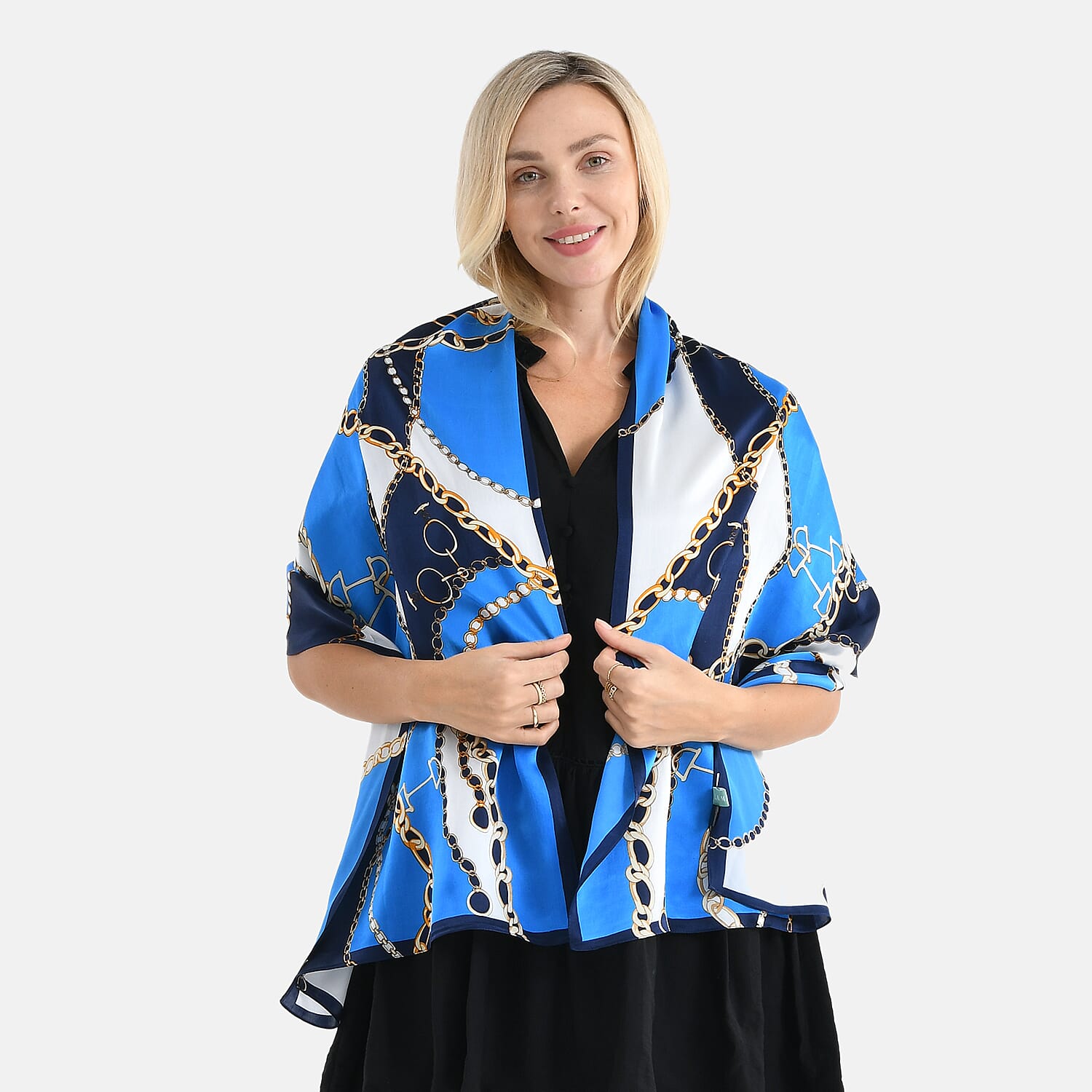 La Marey 100% Mulberry Silk Flower Print Scarf (170 x 55cm) - Blue