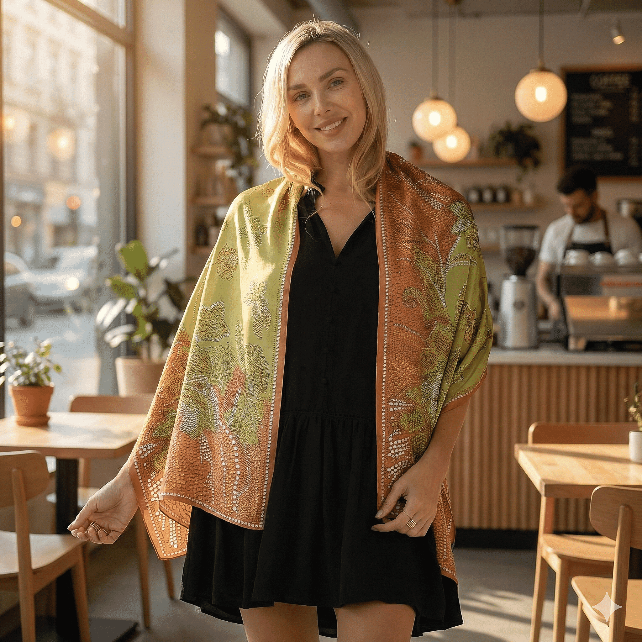 La Marey 100% Mulberry Silk Dots & Flower Print Scarf (170 x 55cm) - Green