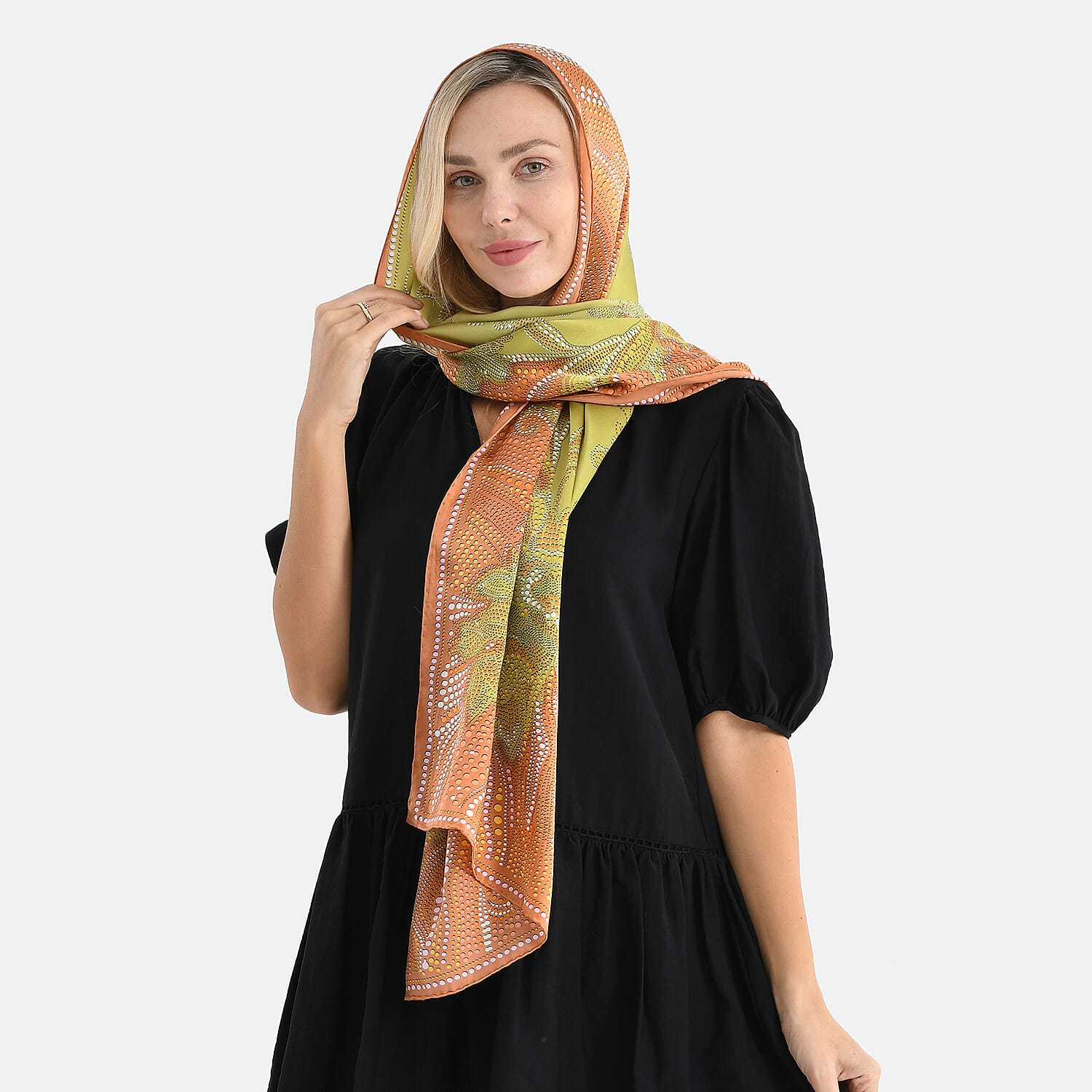 La Marey 100% Mulberry Silk Dots & Flower Print Scarf (170 x 55cm) - Green