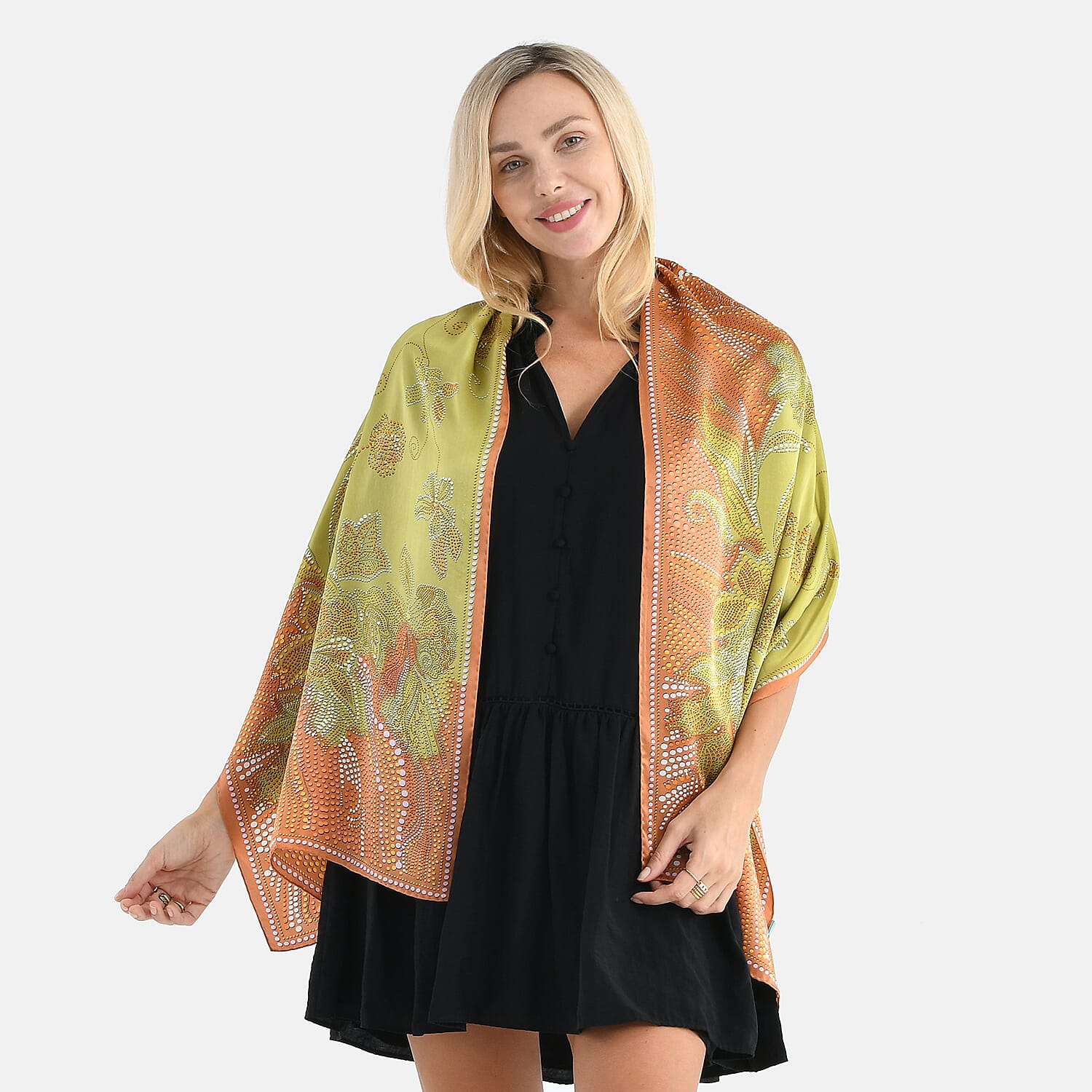 La Marey 100% Mulberry Silk Dots & Flower Print Scarf (170 x 55cm) - Green