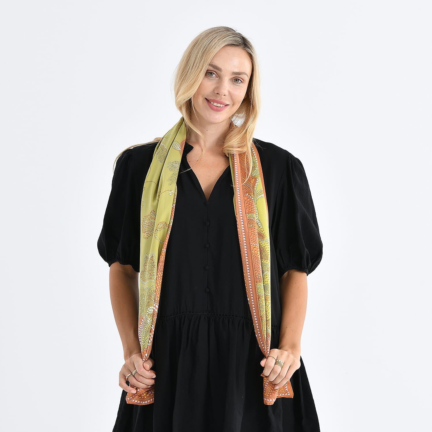 La Marey 100% Mulberry Silk Dots & Flower Print Scarf (170 x 55cm) - Green